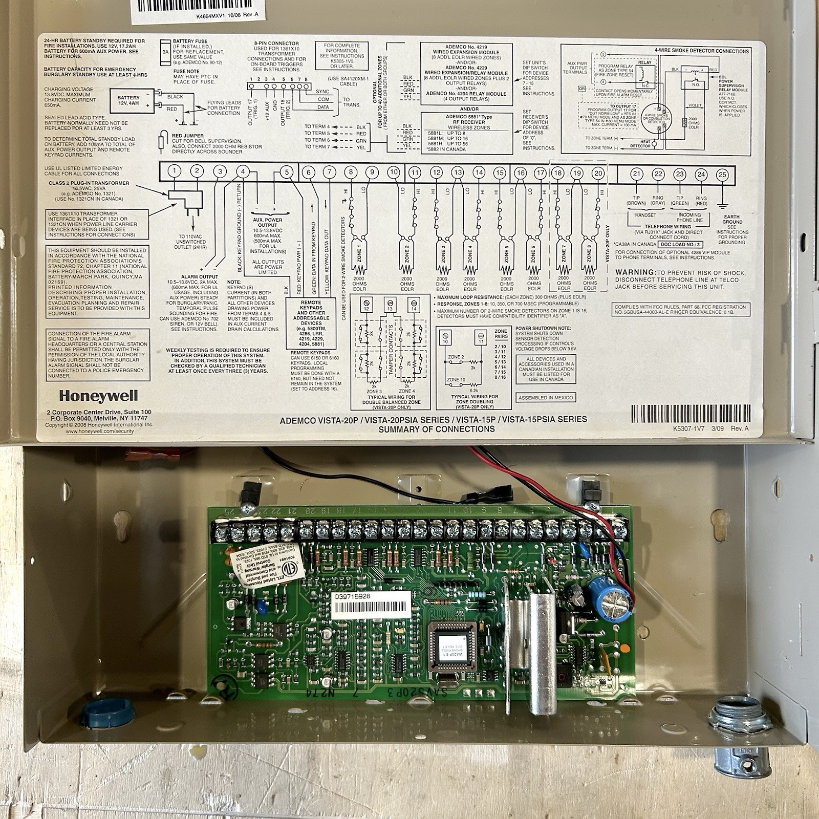 HONEYWELL VISTA-20P ADEMCO CONTROL PANEL PCB