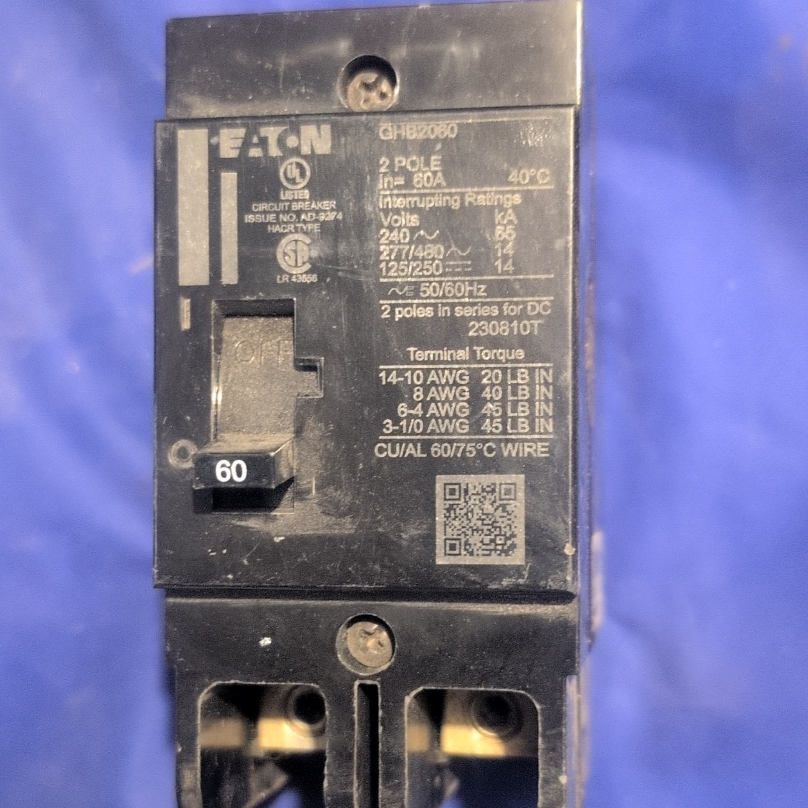 Eaton GHB2060 Circuit Breaker 60A 201-250V 2-Pole Bolt-On DPST Thermal