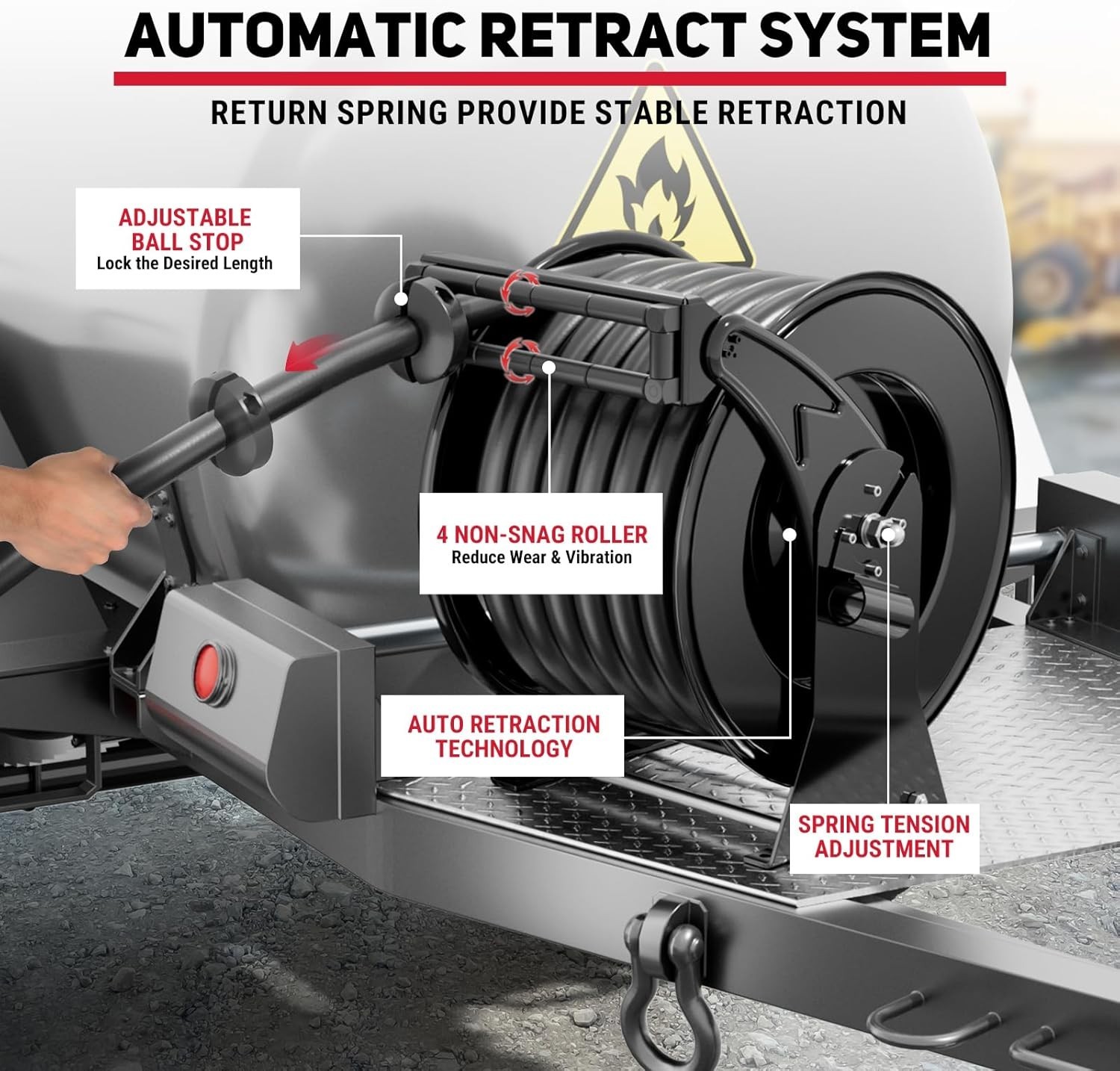 Fuel Hose Reel Retractable Diesel Hose Reel 1″ x 50′ Auto Fueling Nozzle, Black
