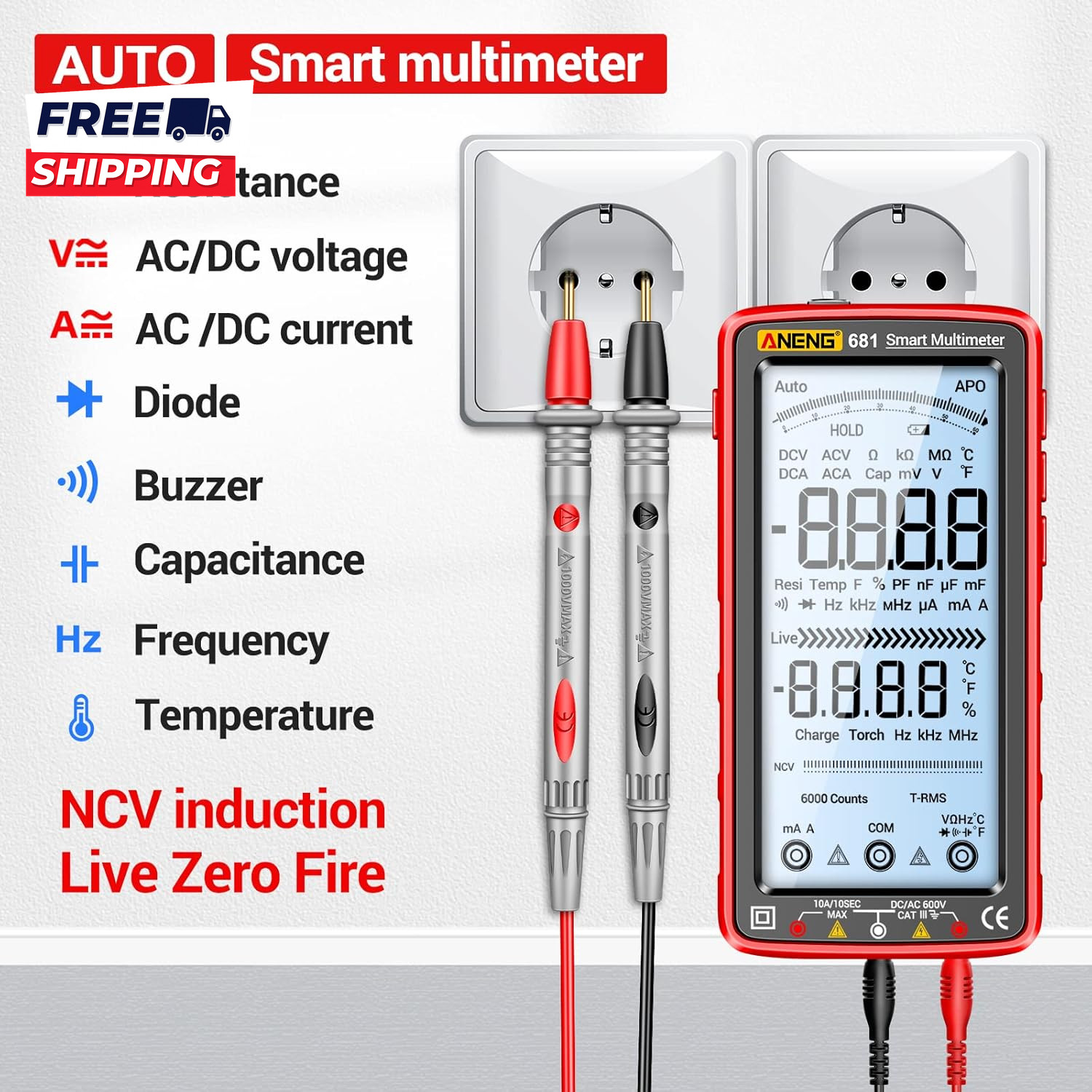 Digital Multimeter Tester Auto-Ranging TRMS 6000 Counts Voltmeter Smart Recharge