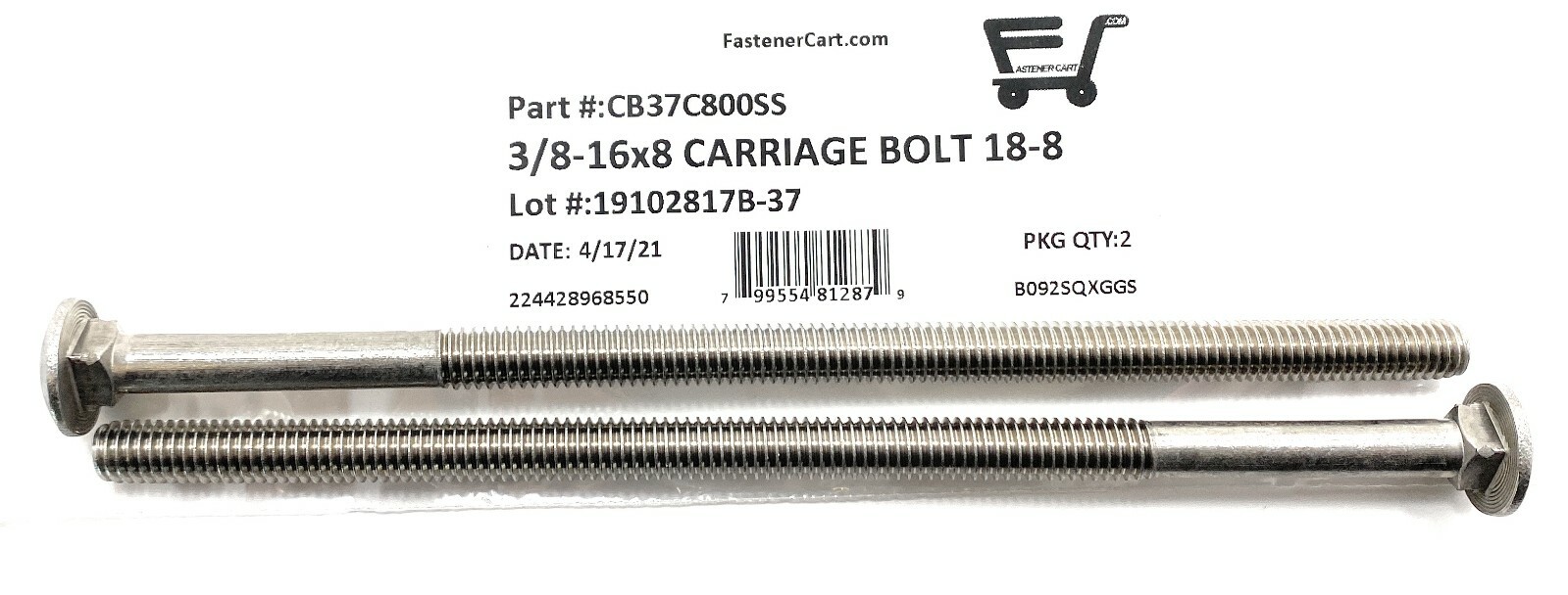(2) 3/8-16 x 8 Carriage Bolts 18-8 Stainless Steel – Fast Free Shipping