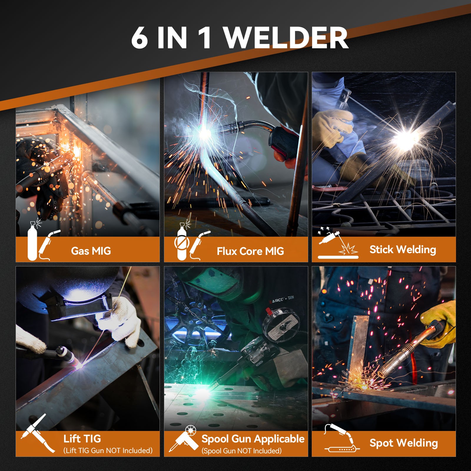 6IN1 MIG Welder 200A Multi Process w/Gasless Flux Core Stick Lift TIG 110V/220V
