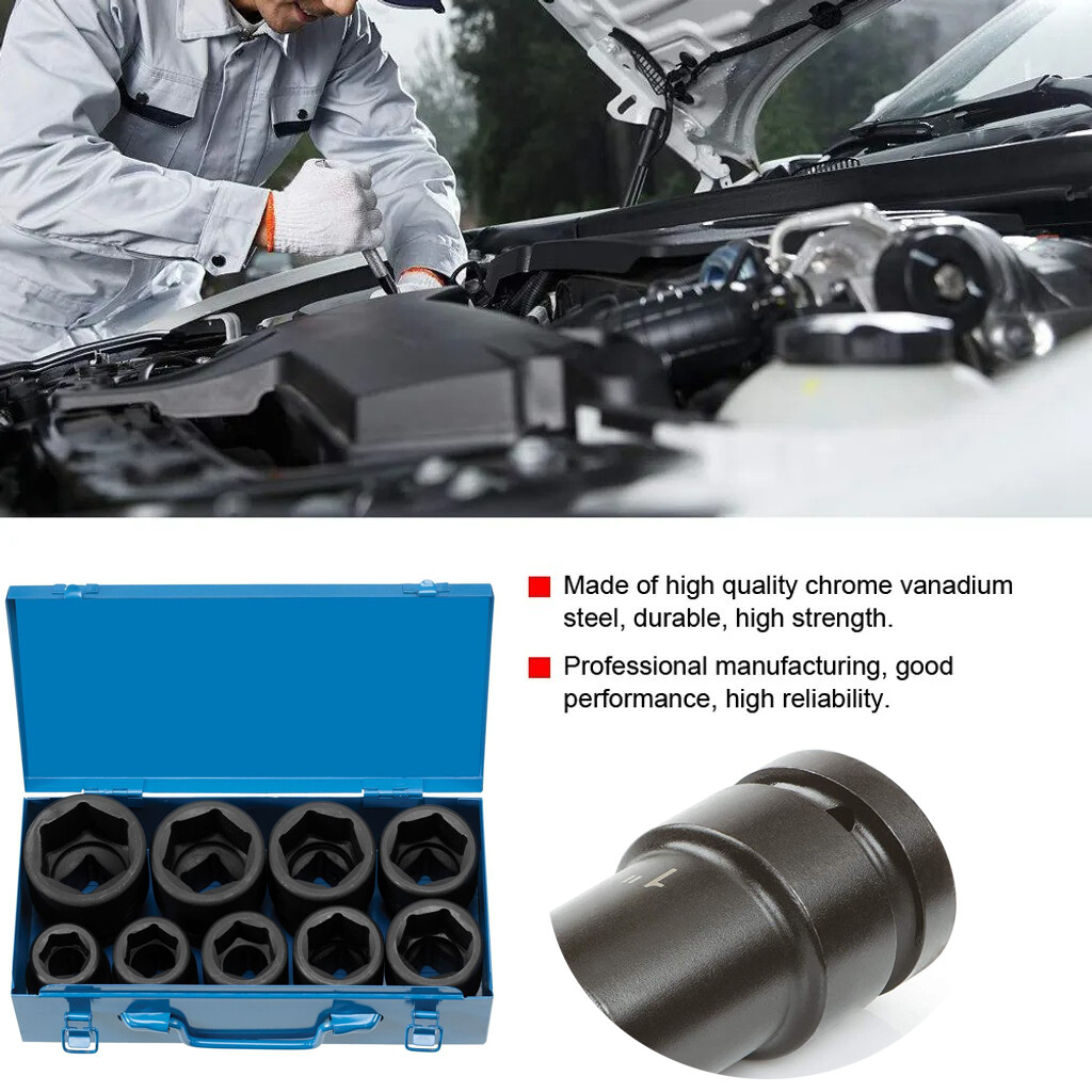 9PC 1″ ONE INCH DRIVE DR DEEP BIG SIZE AIR BLACK IMPACT SOCKET WRENCH TOOL SET