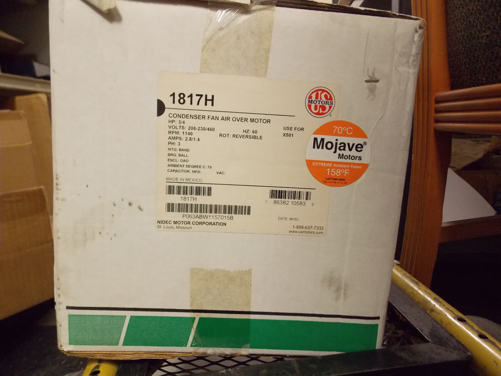 US Motors 1817H Mojave 600W Condenser Motor 56Z 1140 RPM 3/4 HP 208V-230V/460V