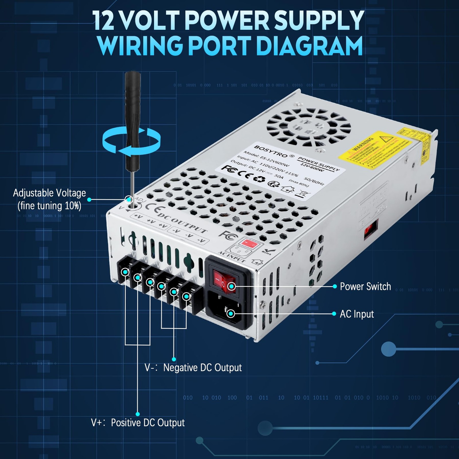 BOSYTRO Upgraded 12V DC Power Supply 600W 50A AC to Converter