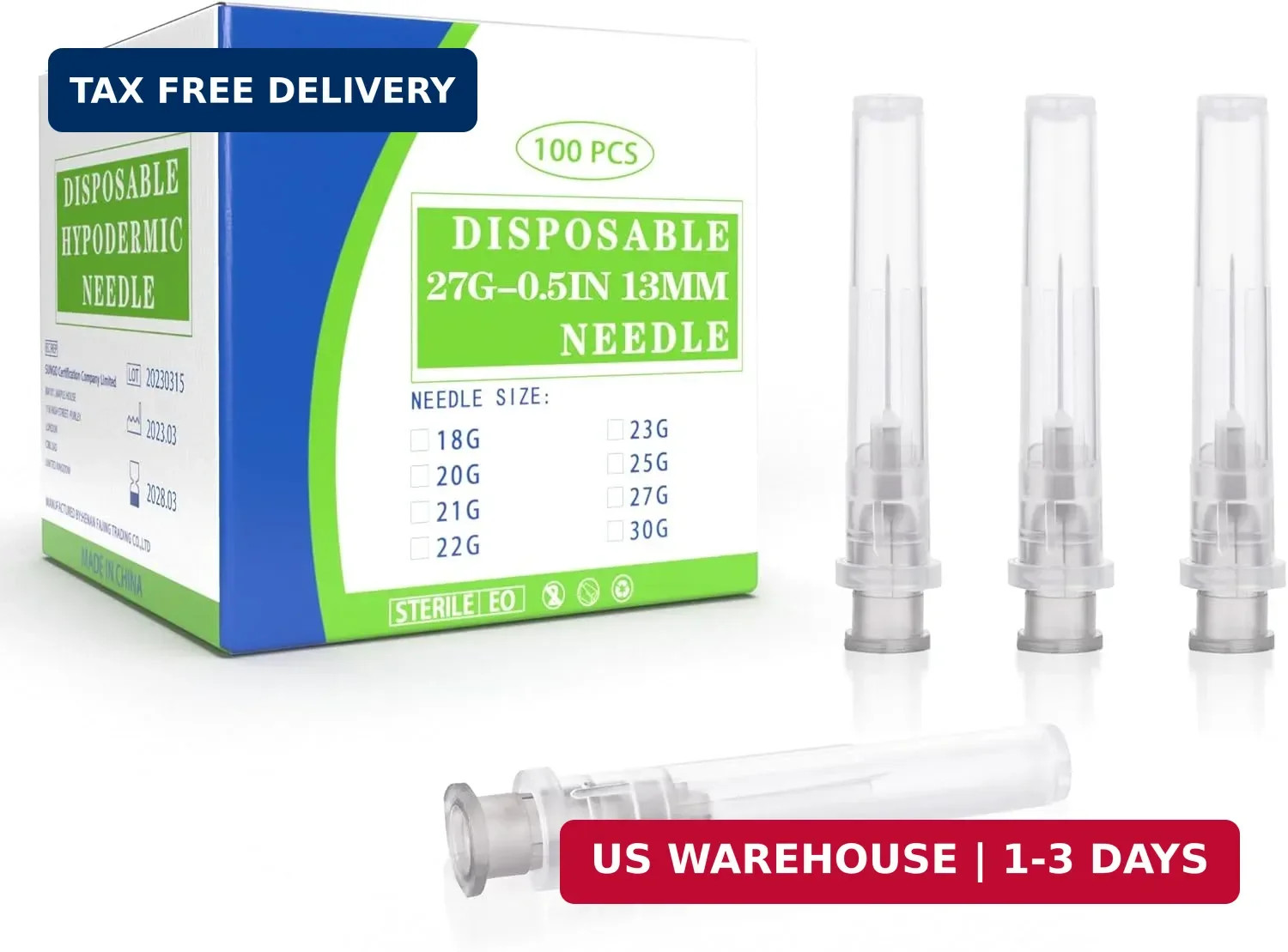 27 Gauge 1/2 Inch Disposable Needles with Caps for Scientific and Lab Dispensing