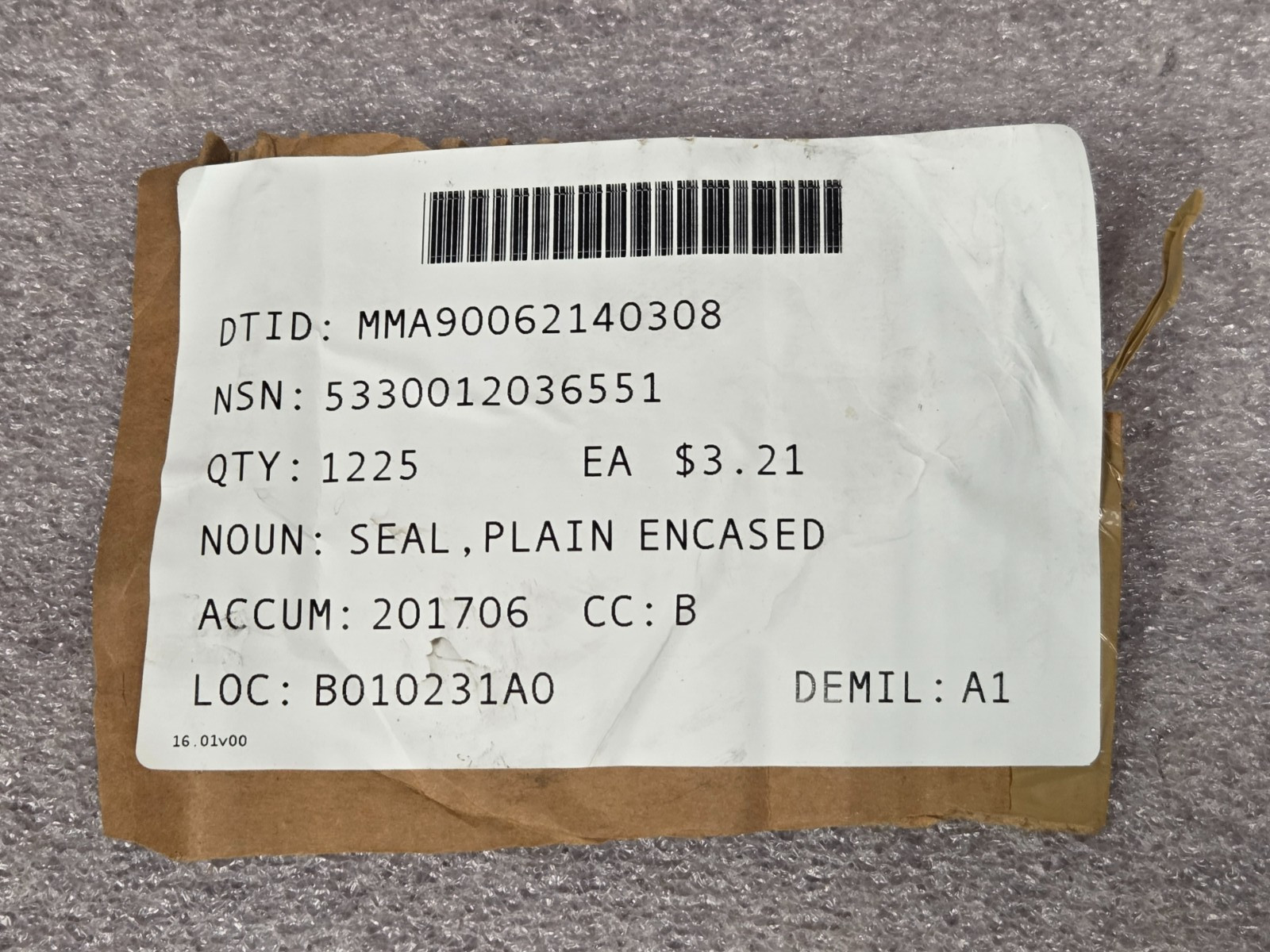 ‘1 PIECE’ – PN# 12342961 – HUMMER – SEAL, GEARED HUB – NSN: 5330-01-203-6551