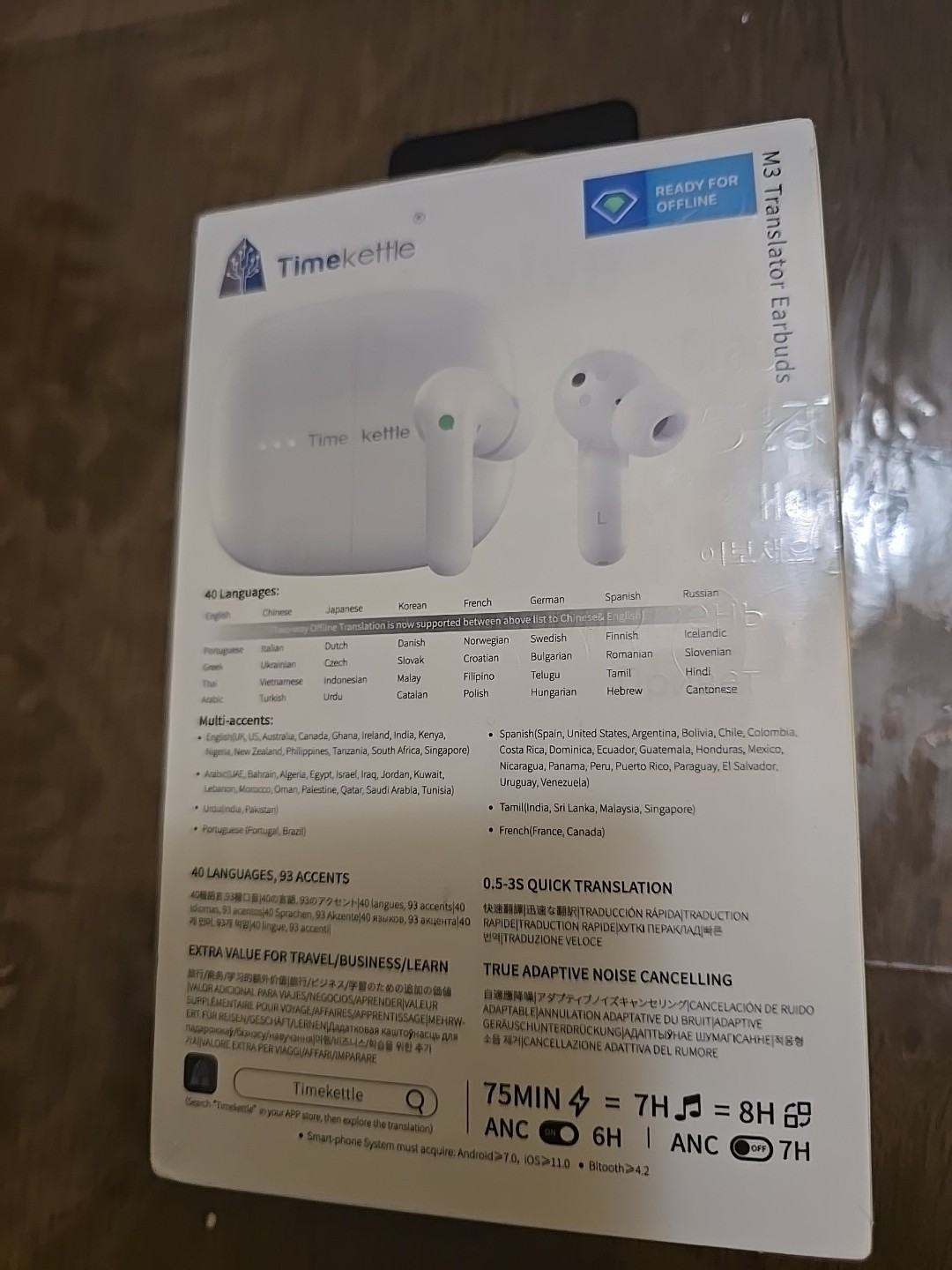TimeKettle M3 White Bluetooth 3 In 1 Language Translator Earbuds With Manual
