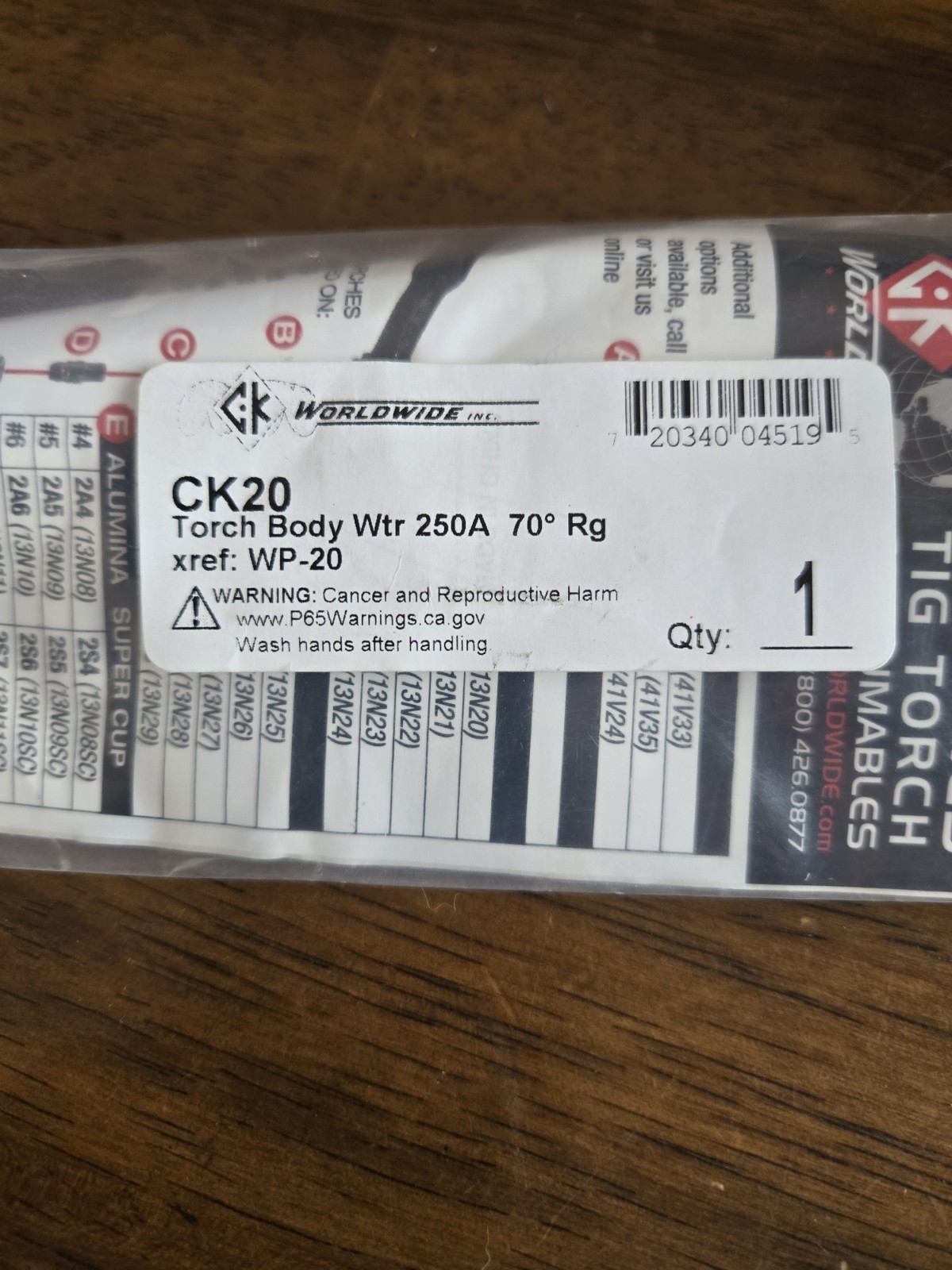 CK Worldwide 20 Tig Torch Body Rg 250A Water Cooled 70