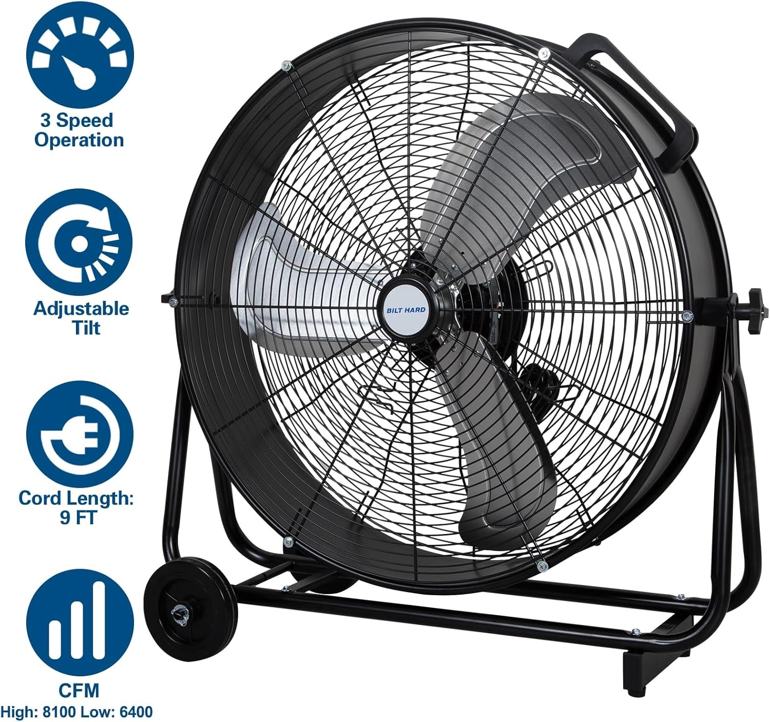 BILT HARD 24″ 8100 CFM Industrial Drum Fan 3 Speed for Garage UL Listed