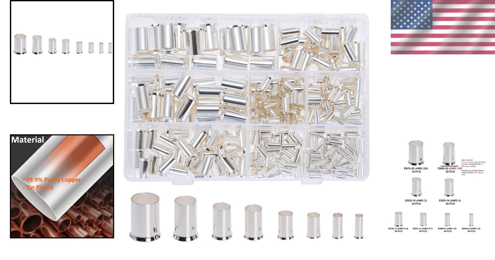 300Pcs 12 10 8 6 4 2 1/0 2/0 Wire Ferrule Tinned Copper Crimp Connector Electric