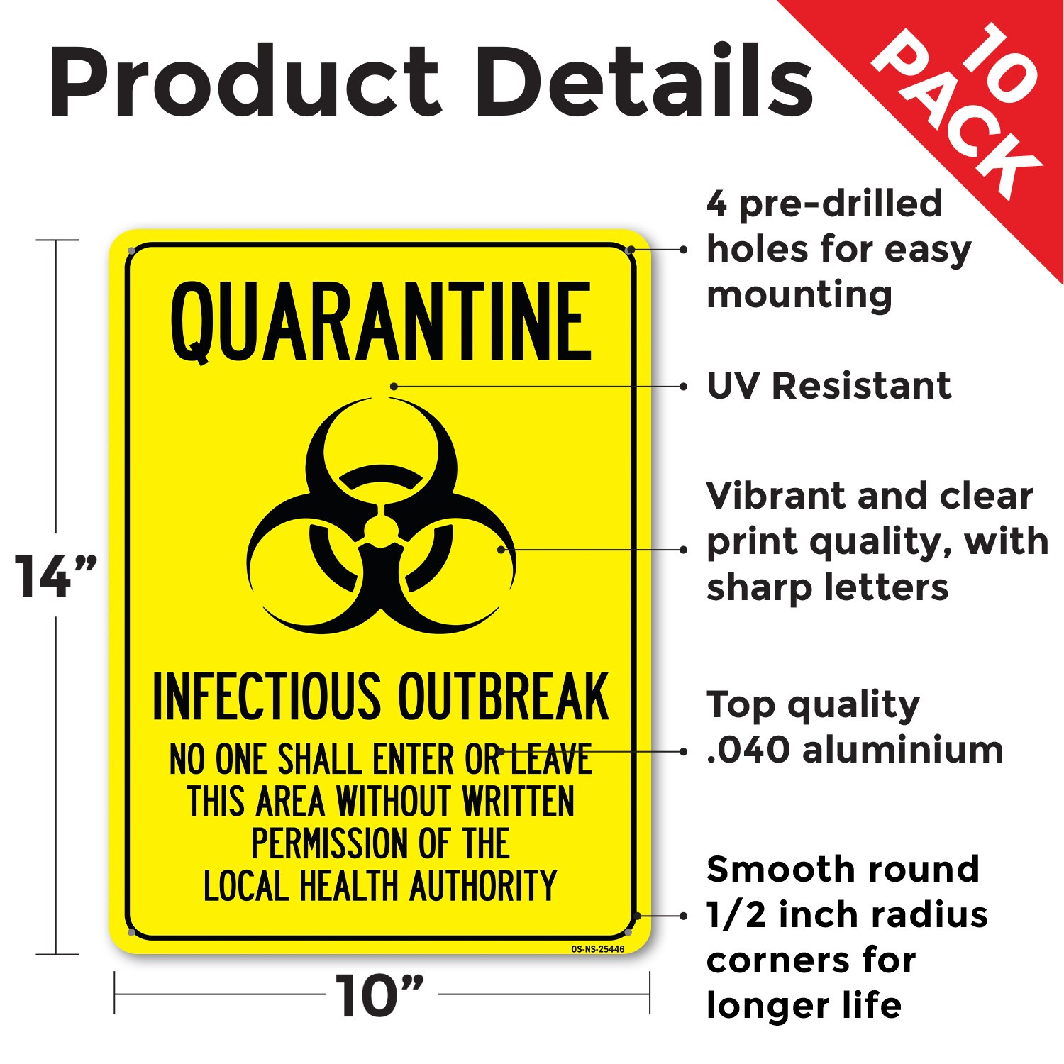 Quarantine Infectious Outbreak No One Shall Enter Public Safety Sign 5/10 Pack