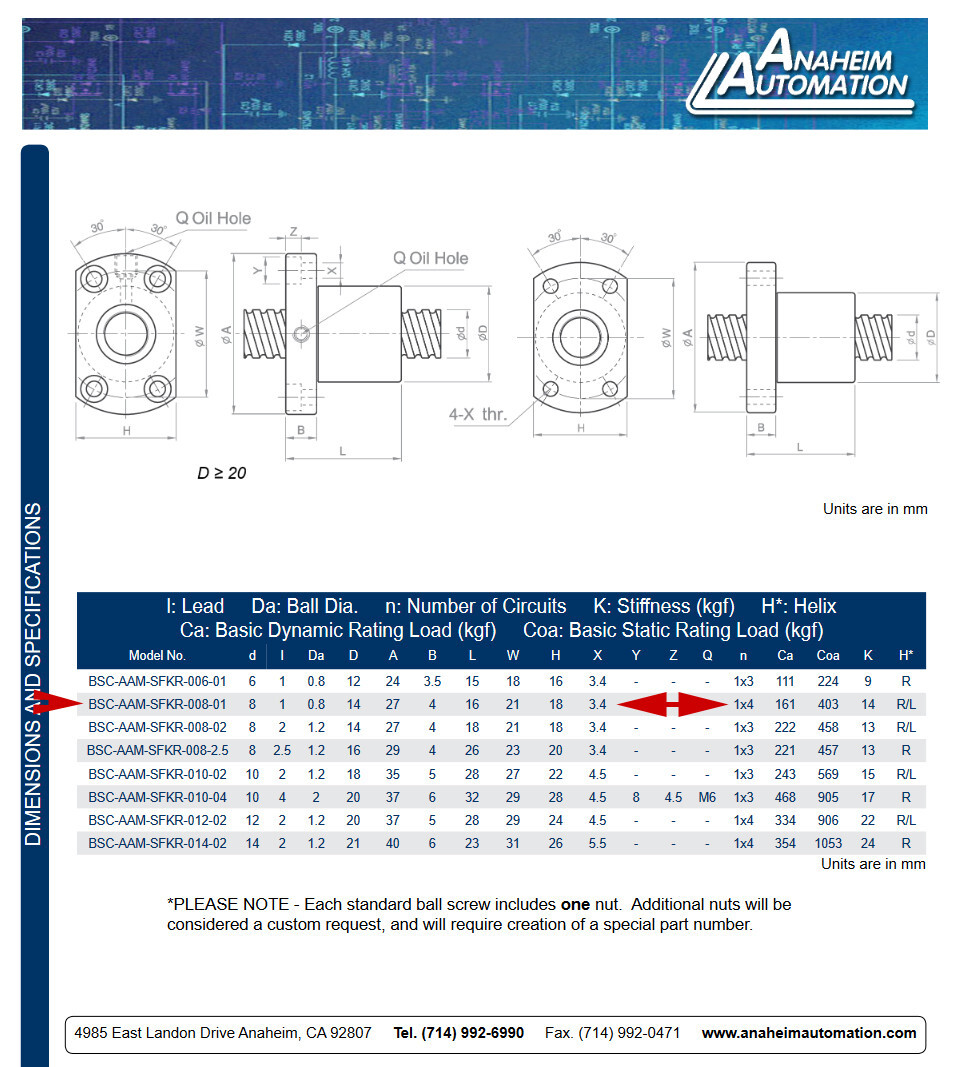 $287 NEW Anaheim Automation BSC-AAM-SFKR-008 Ball Screw Nut Assembly 8mm x 195mm