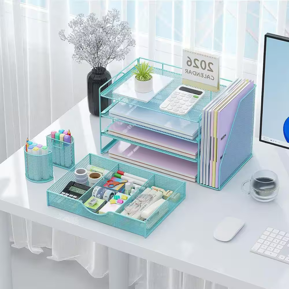 Blue 15.5 In. X 9.2 In. Metal Modern Desk File Holder with Drawer and 2 Pen Hold