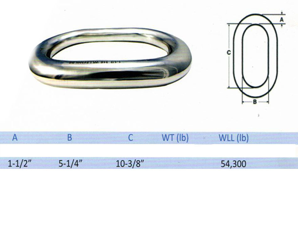 1-1/2 Inch Marine Master Link Welded SS316 Working Load Limit 54,300 Pounds