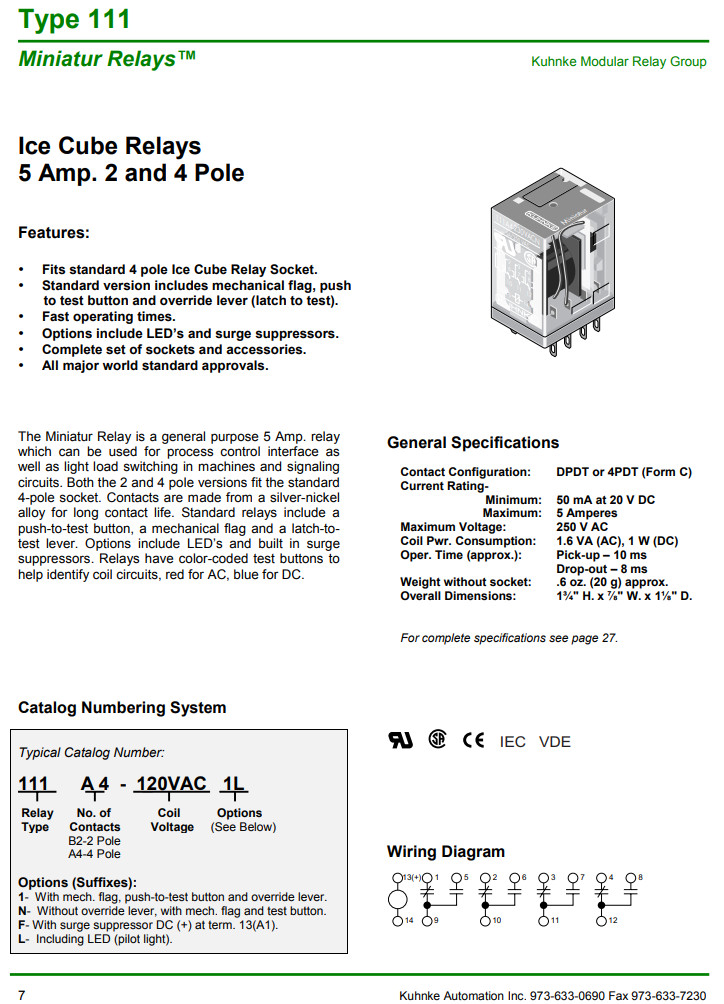 111A4-24VDC1L KUHNKE Miniature Relay 24VDC 5A 4PDT Plug-in With Pilot Light LED