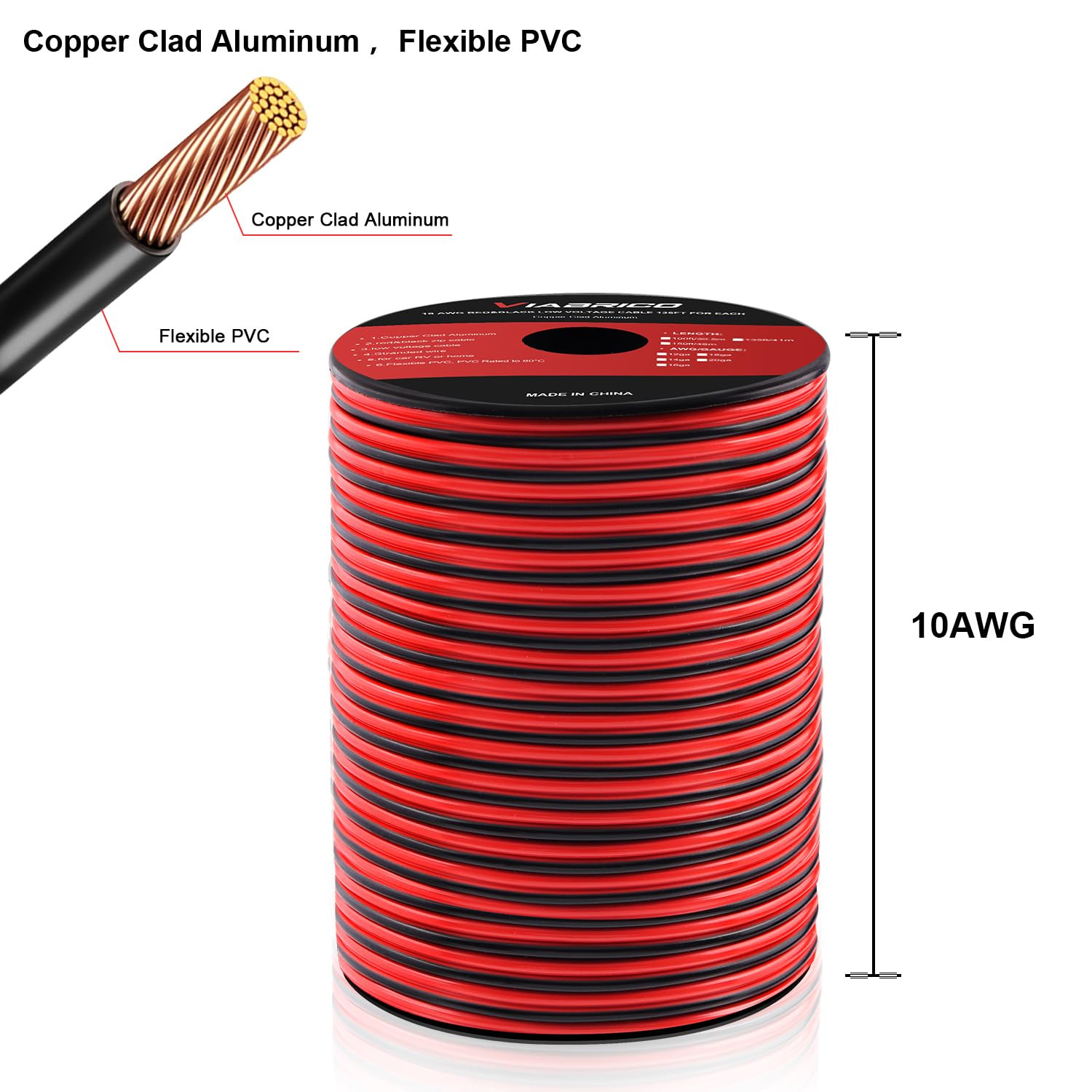 10 Gauge Wire 100FT, 2 Conductors Electrical Wire Red Black Cable, Flexible/Low