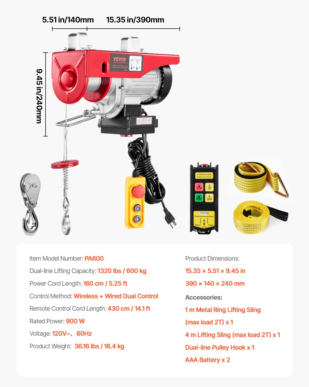 VEVOR Electric Hoist Crane Winch 1320 lbs 328 ft Wireless & 14 ft Wired Remote