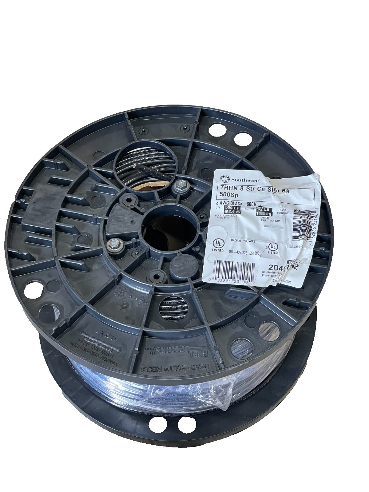 Southwire THHN 8AWG STR Copper SIM BLACK 600V Insulated Wire 500′ Spool