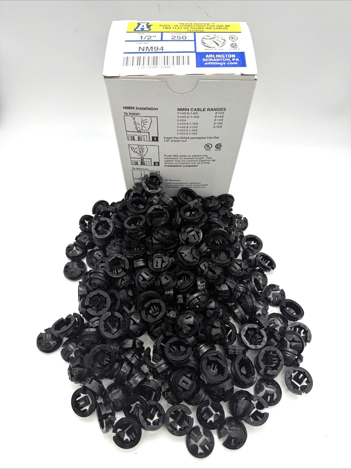 ARLINGTON NM94 1/2” NM CABLE CONNECTORS PUSH-IN ROMEX CLAMP 250 PACK NEW