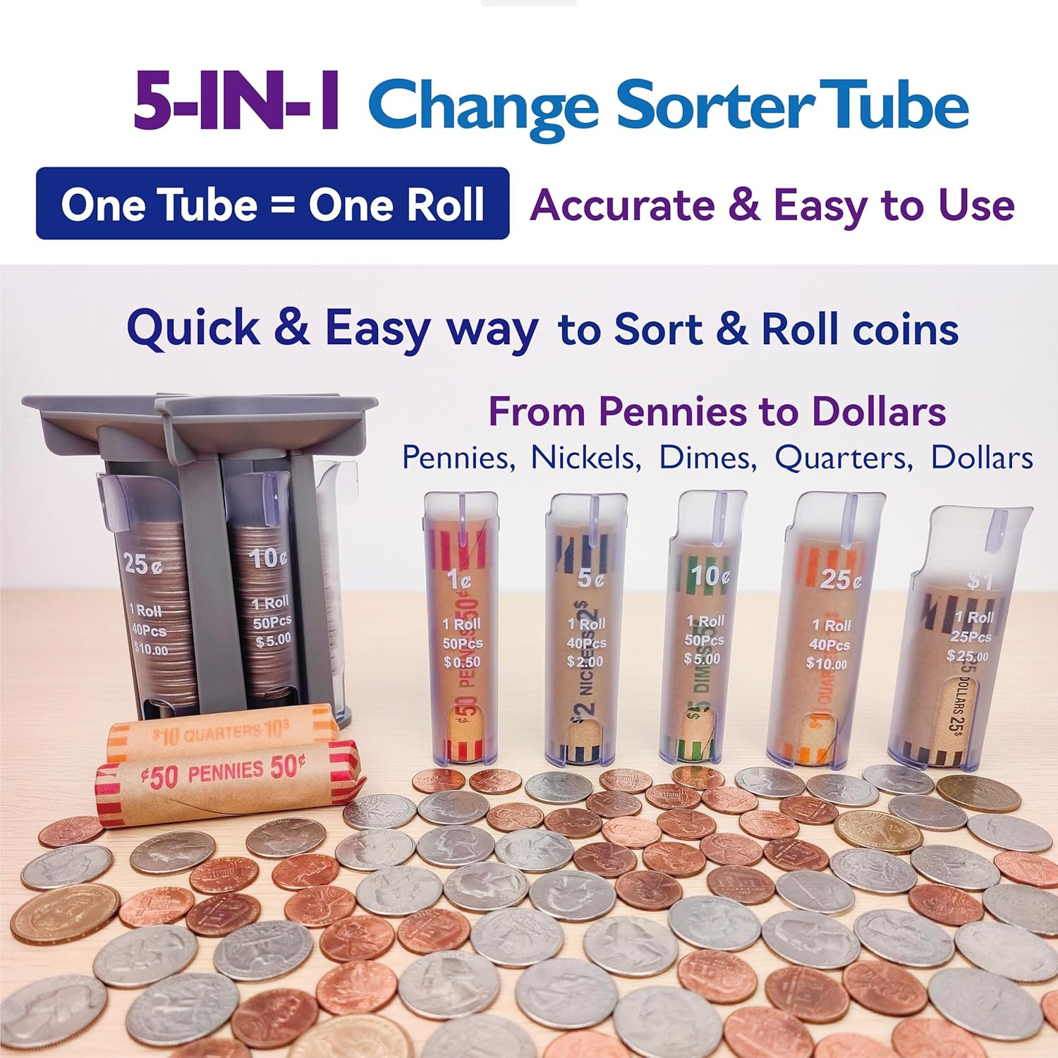 Change Sorter Tube as Coin Counter Machine with Coin Wrappers, Coin Sorter Chang