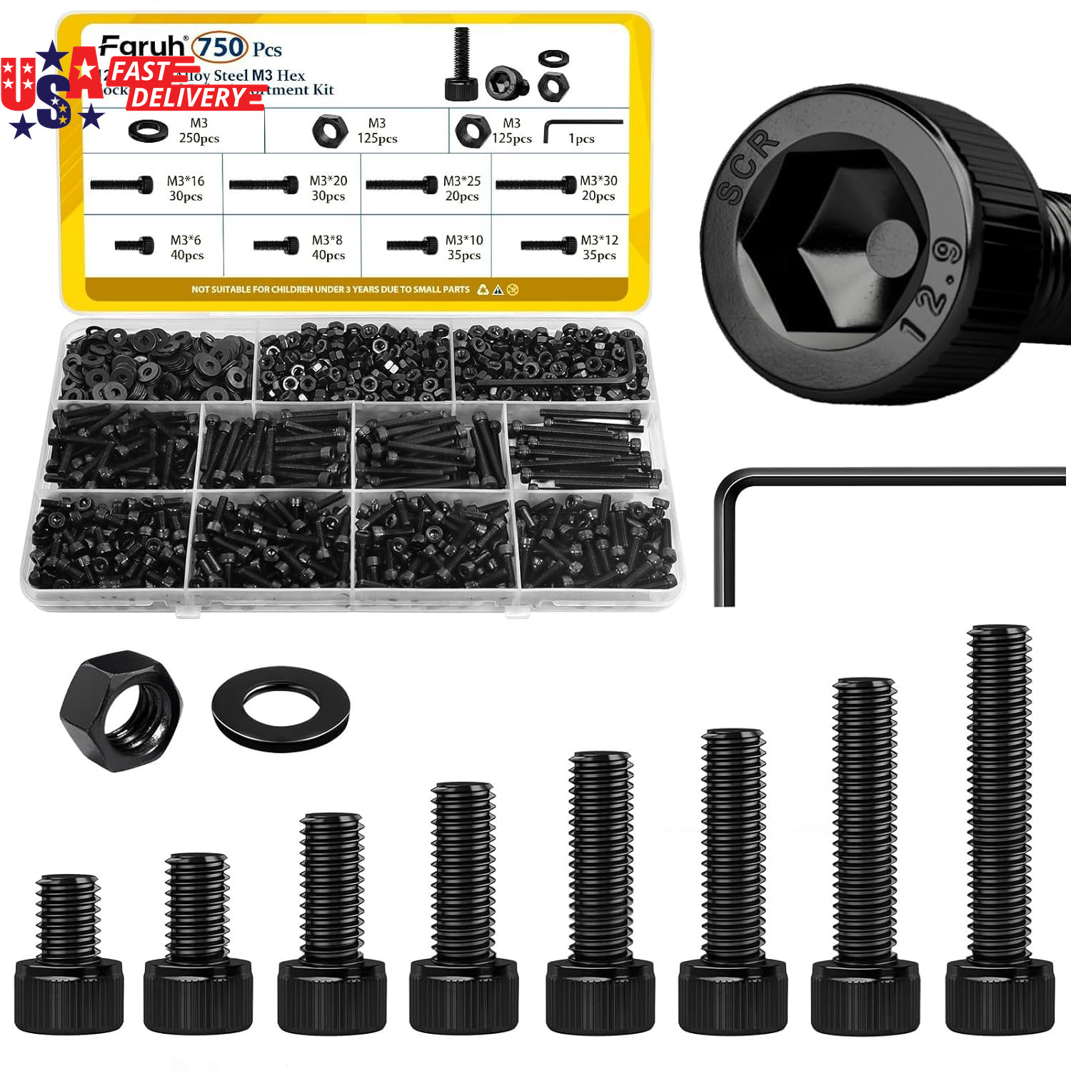 750PCS M3 Screws Assortment Kit, M3X6/8/10/12/16/20/25/30 Mm Hex Socket Head Bol