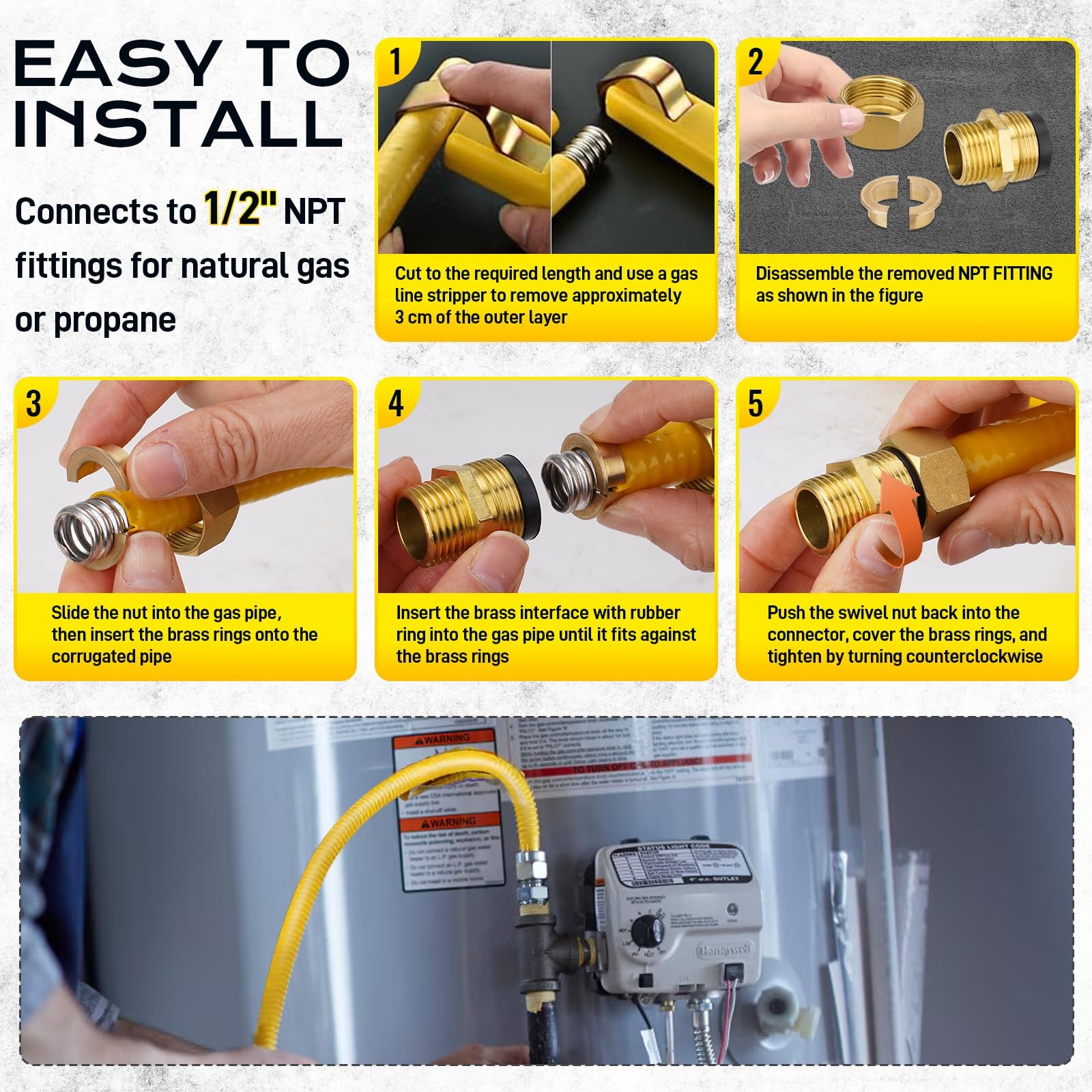 38FT 1/2″ CSST Gas Line 1/2In Natural Flexible Gas Line with 2 Male Adapter Fit