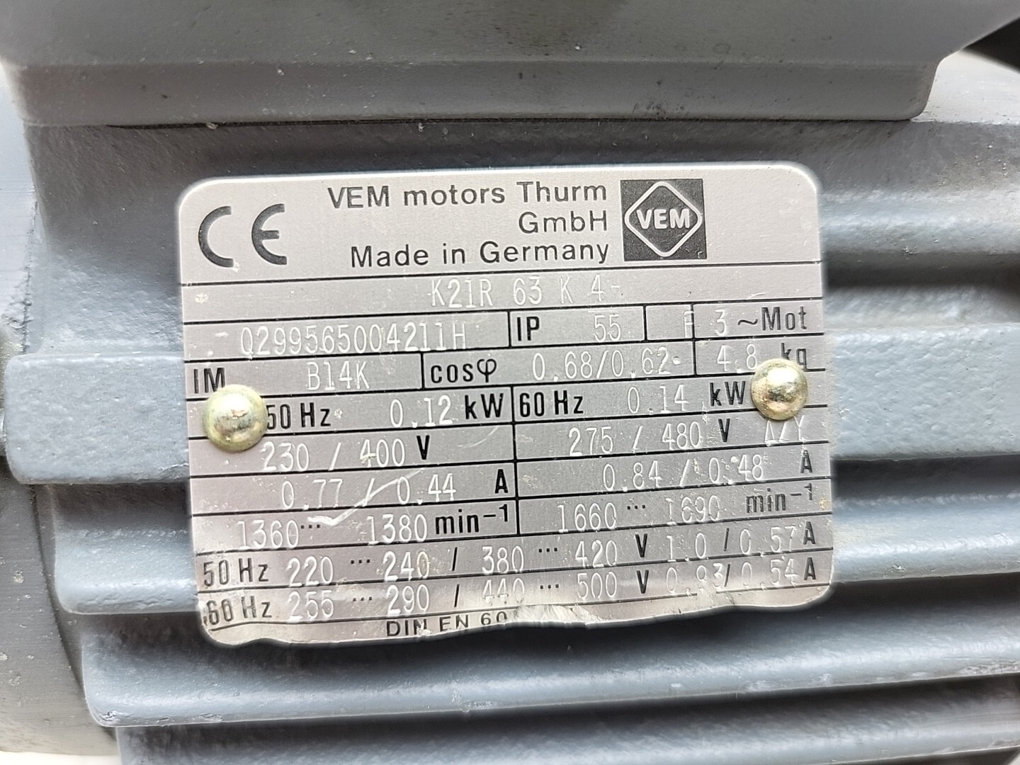 Vem Motor K21R 63 K 4 0.12kW 0.14kW 60Hz 230/400V 275/480V B14K Ac Motor