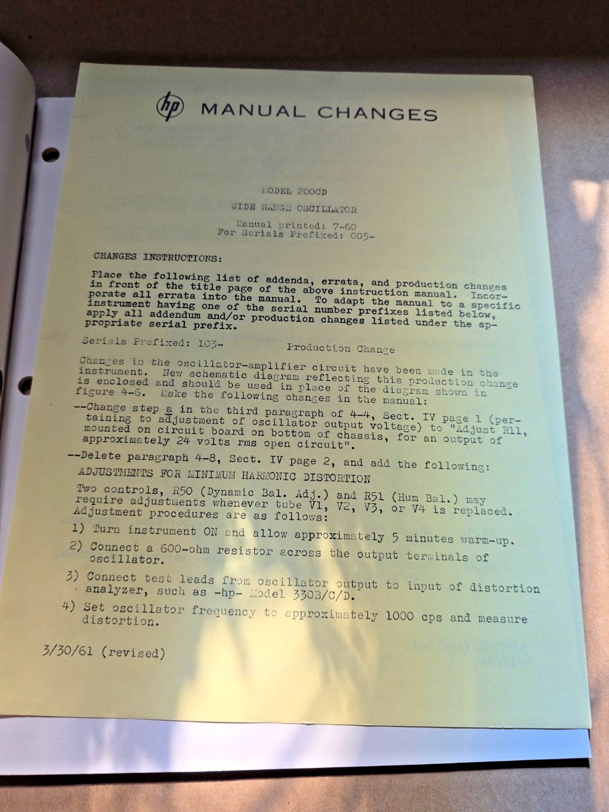 HP 200CD Wide Range Oscillator Operating & Service Manual July 1960