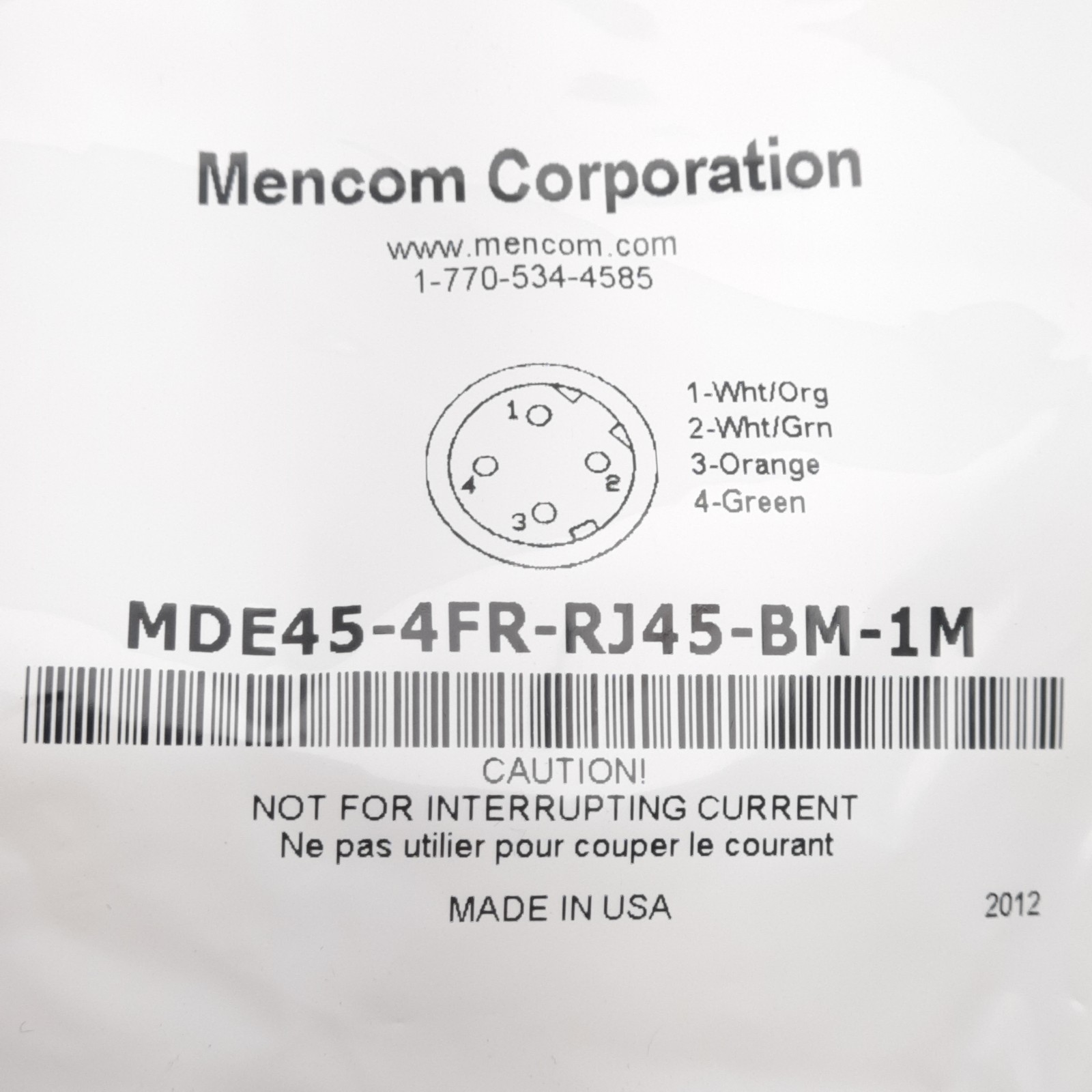 Lot of 5 Mencom MDE45-4FR-RJ45-BM-1M Ethernet Cordset, M12 4-Pin to RJ-45, 1m