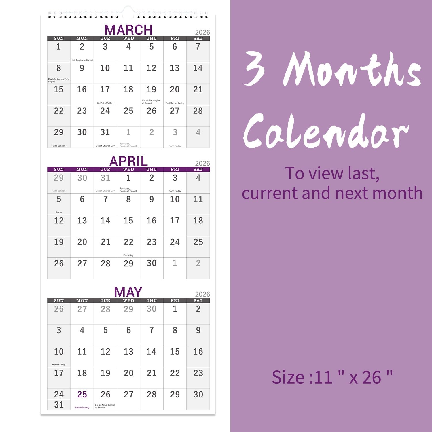 2026 Calendar – 3 Month 2026 Wall Vertical Display (Folded in a…