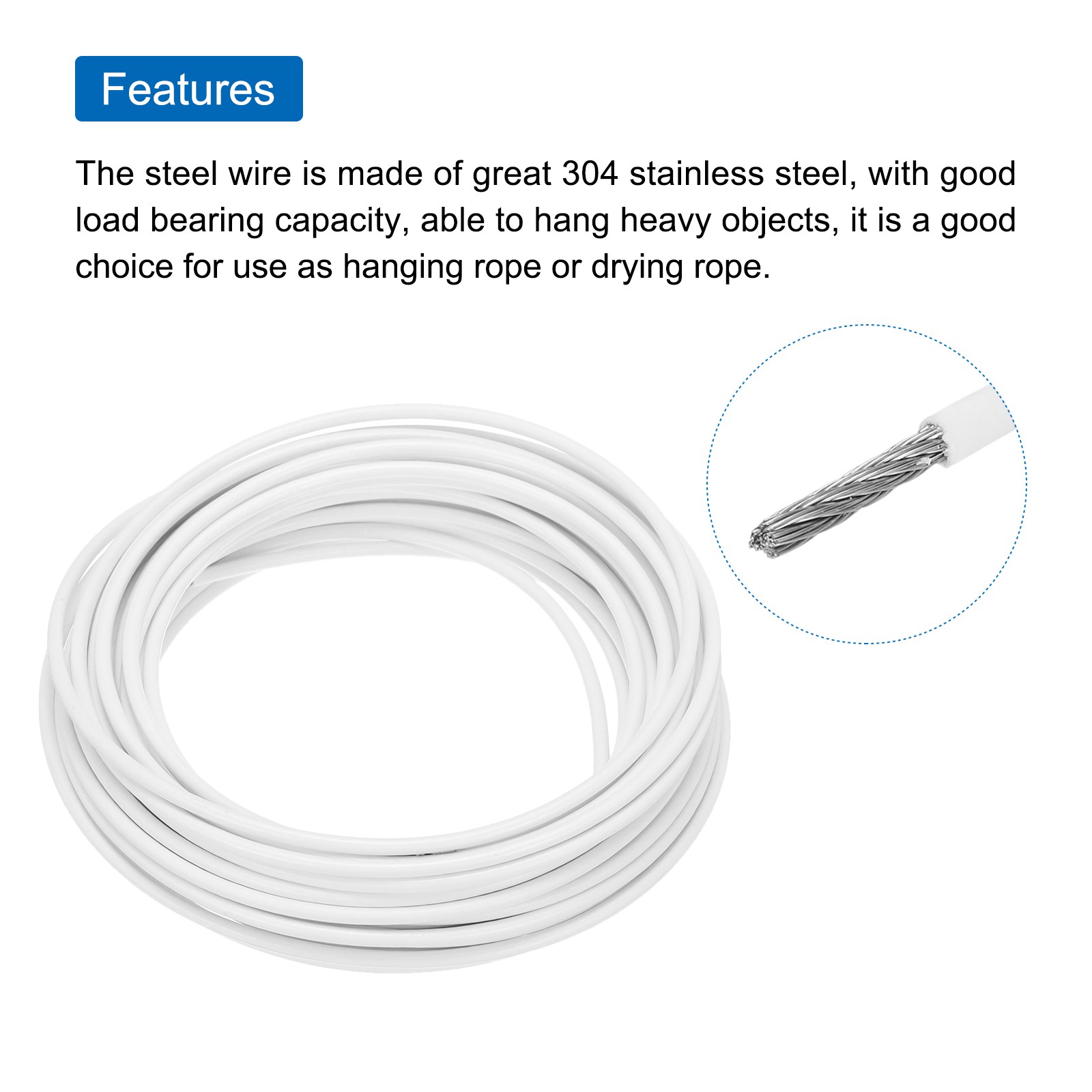 33Ft(10m) Wire Rope 1/8″(3mm) with 4Pcs Aluminum Sleeves White