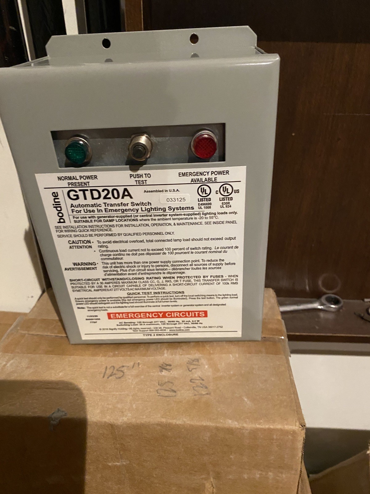 BODINE GTD20A 120/277V 50/60HZ 9W 20A TYPE 2 EMERGENCY LIGHTING TRANSFER SWITCH