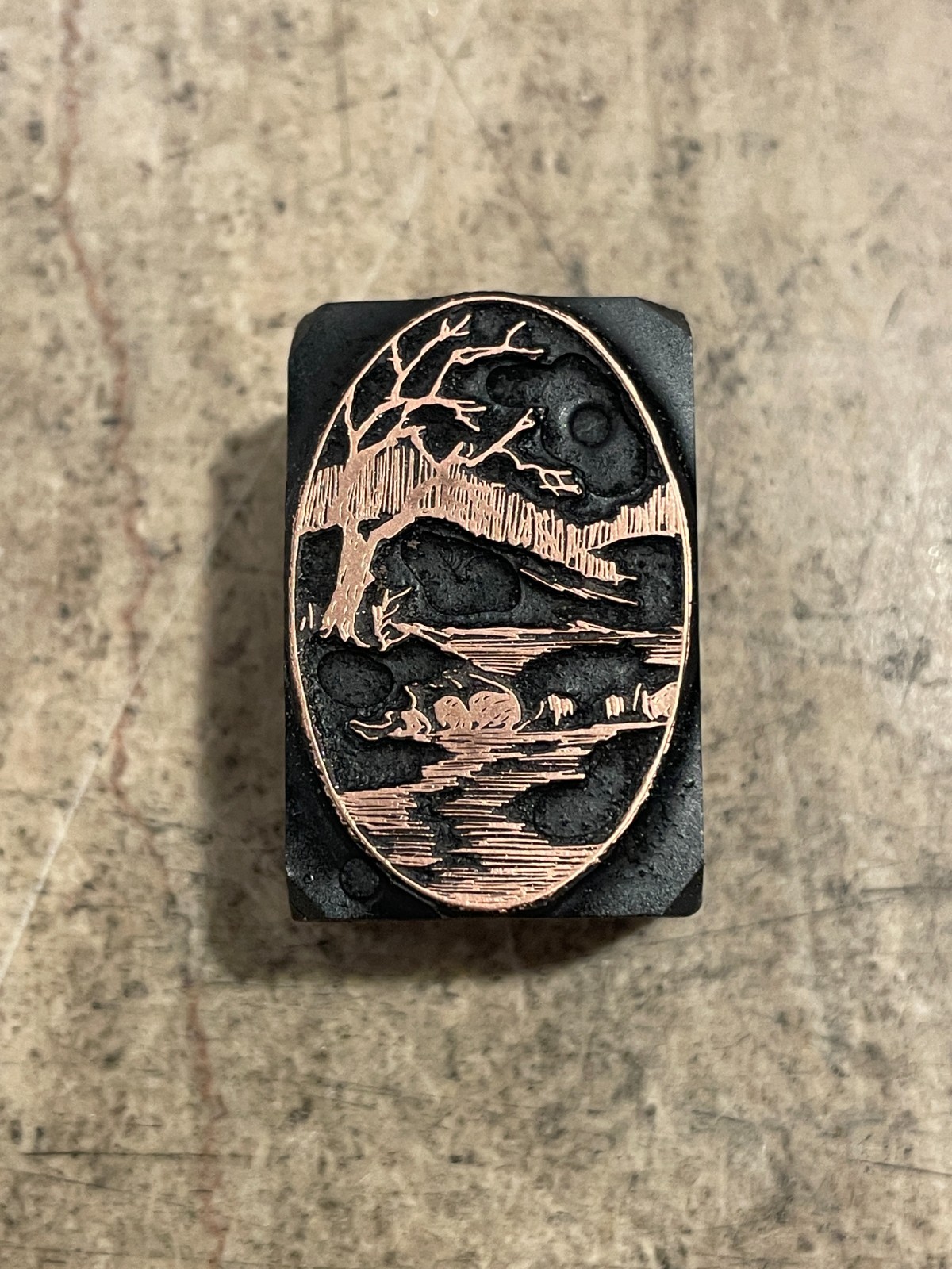 Printing Letterpress Print Block Antique Copper Stream View With Tree (3573)