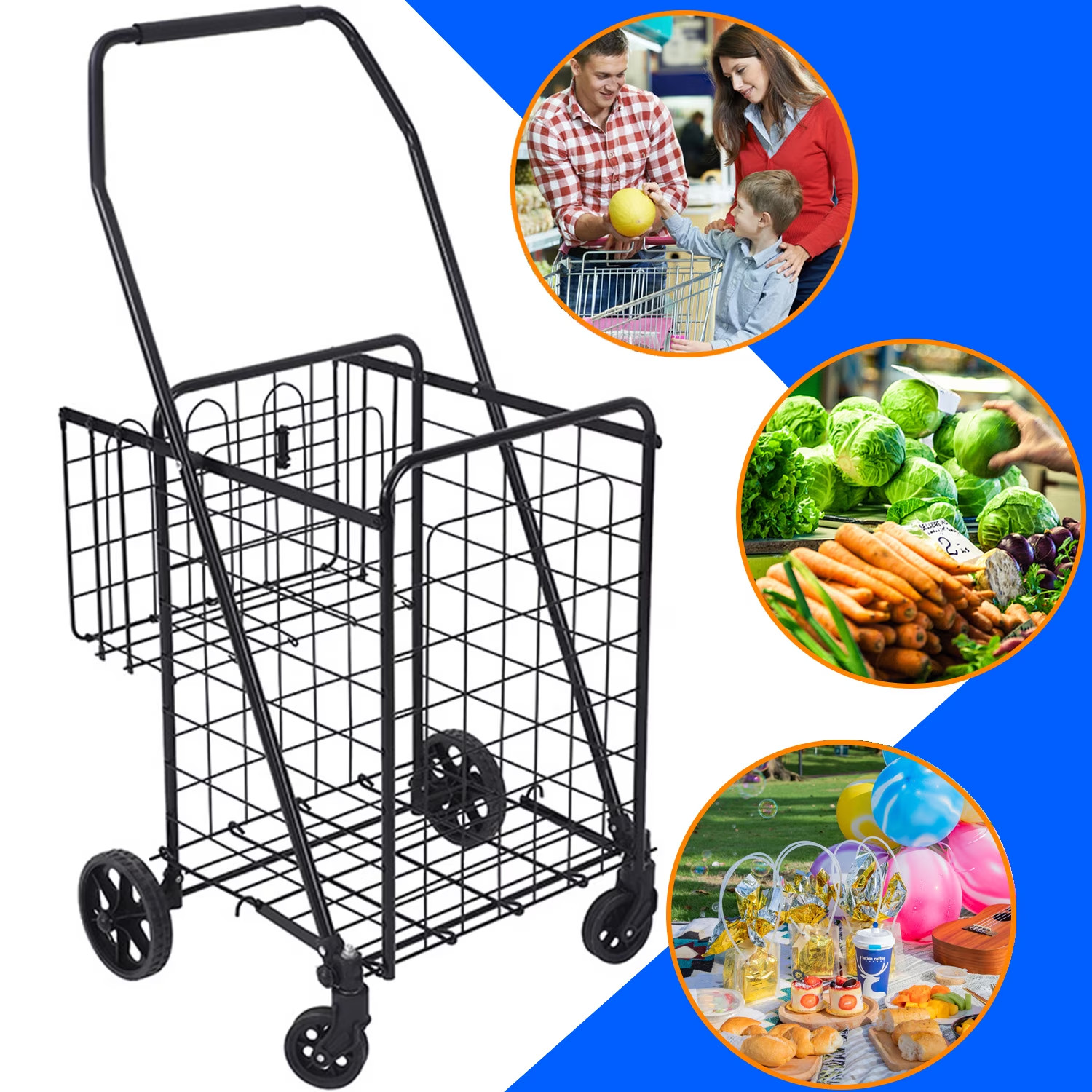 Folding Shopping Cart, Utility Trolley w/Removable Basket, Swivel Wheels, Black