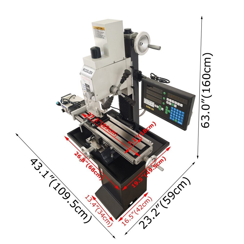 Benchtop Mill/Drill Machine with Grating Ruler Axis X Power Feed 110V R8 1100W