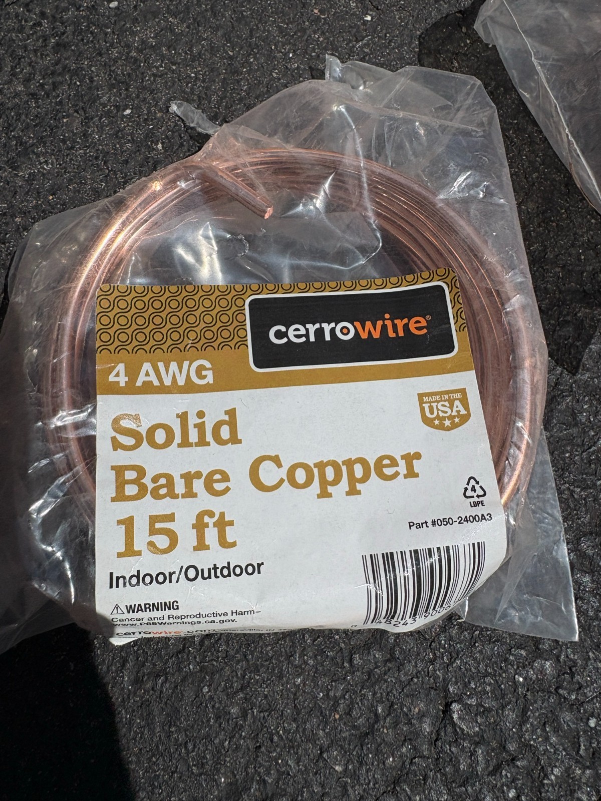 Cerrowire 050-2400A3 4 AWG Solid Bare Copper Grounding Wire 15 ft Soft Drawn