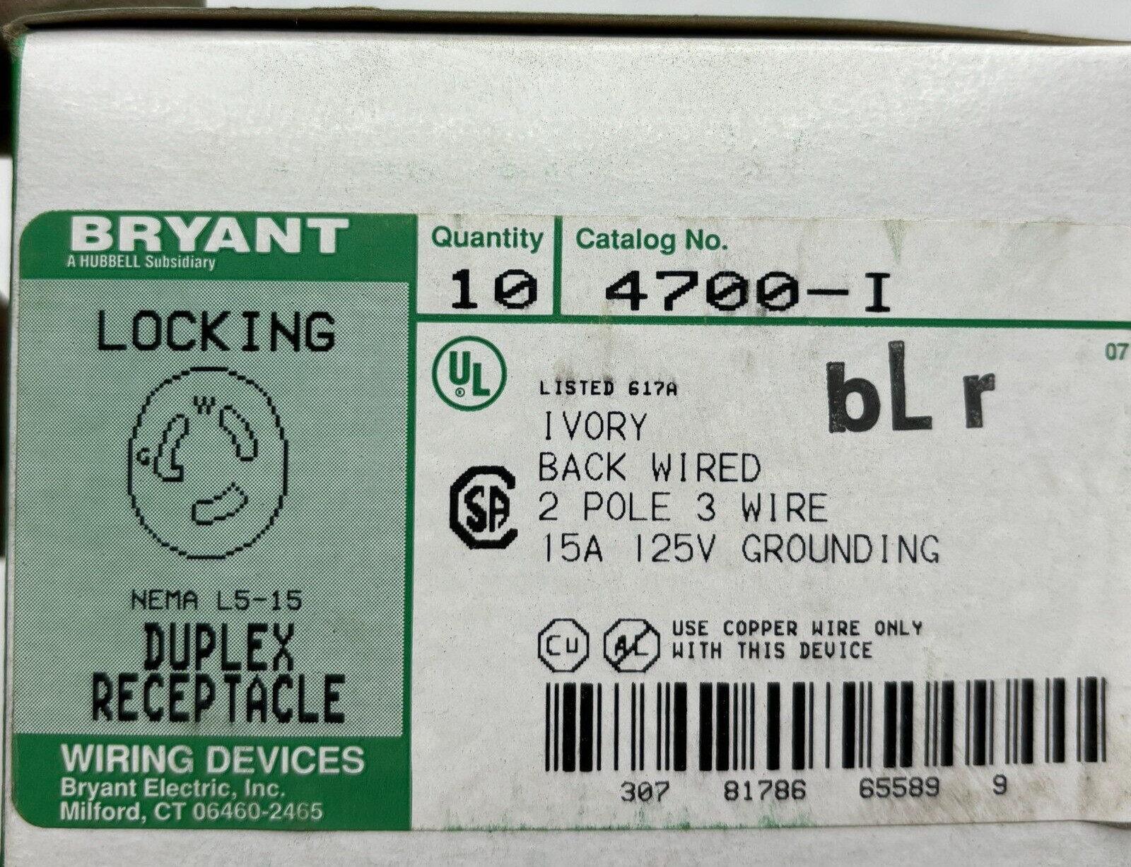 BRYANT 4700 Locking Nema L5-15 Duplex Receptacle White Back Wired BOX OF 10 ⭐