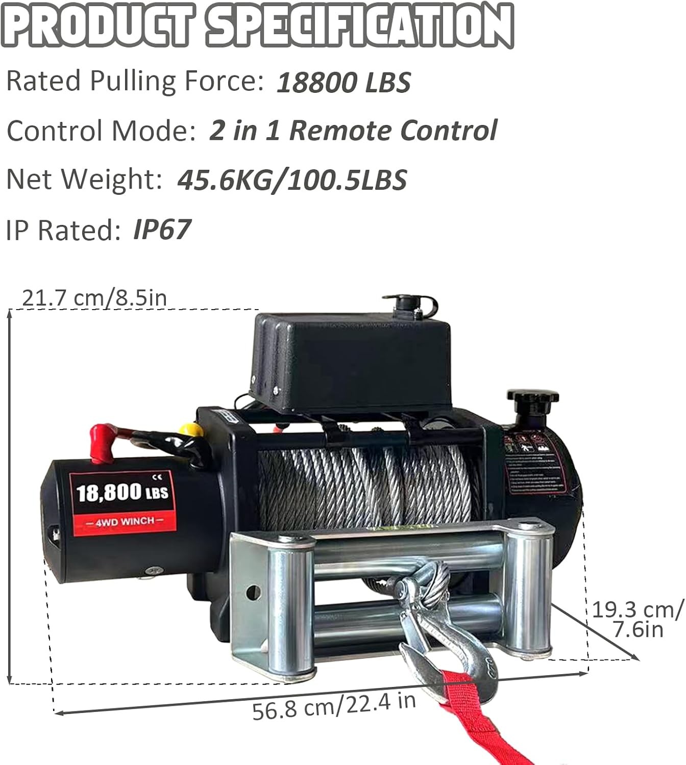 18800LBS Truck Electric Winch Kit Waterproof IP67 80FT Steel Cable Truck Winch