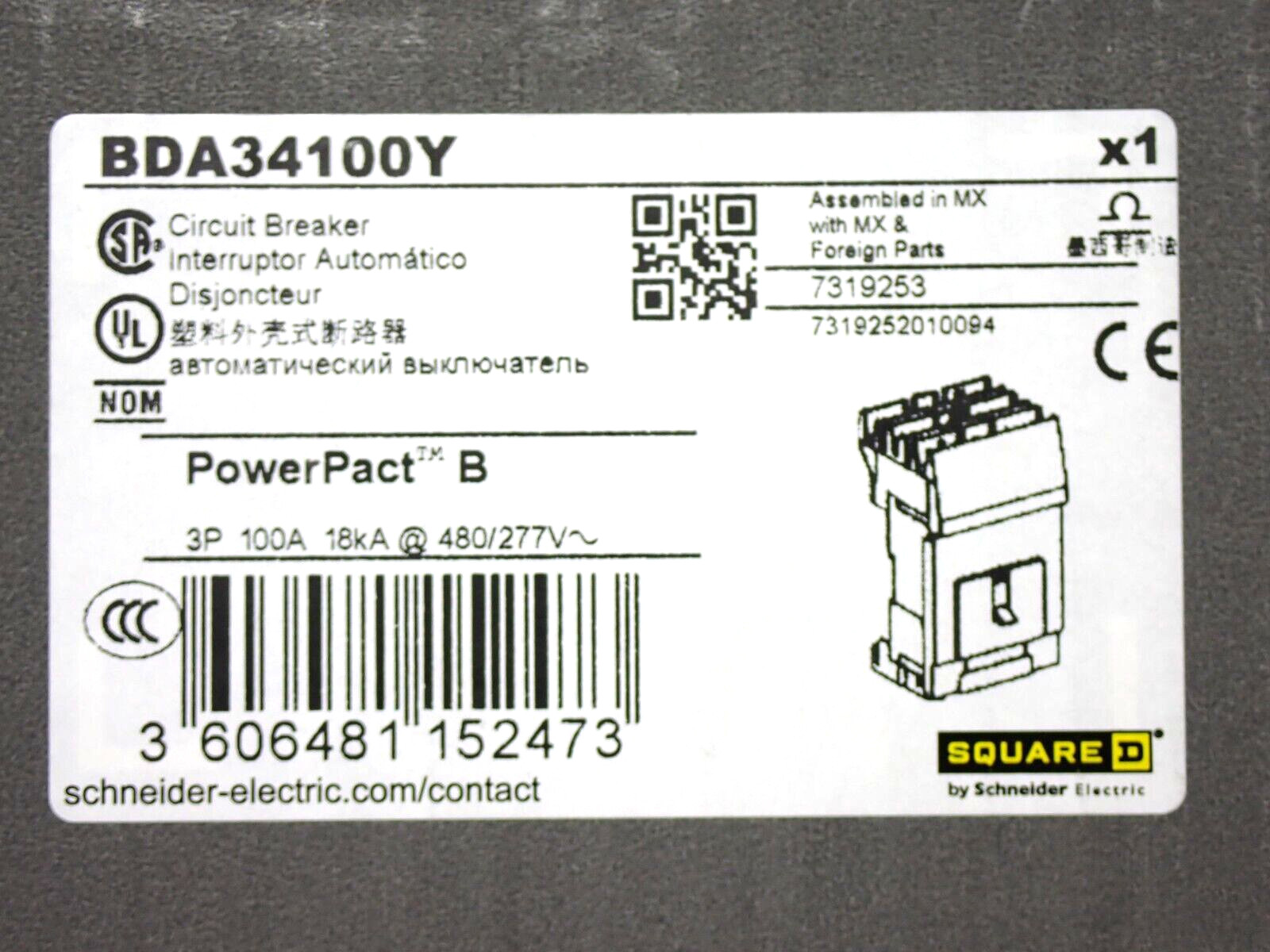 BDA34100Y SQUARE D 100A PowerPact B Circuit Breaker NEW