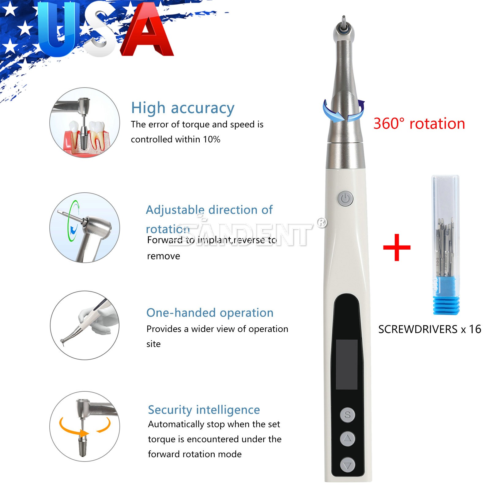 Dental Electric Torque Wrench Tip 360° Cordless Endodontic Implant Handpiece US