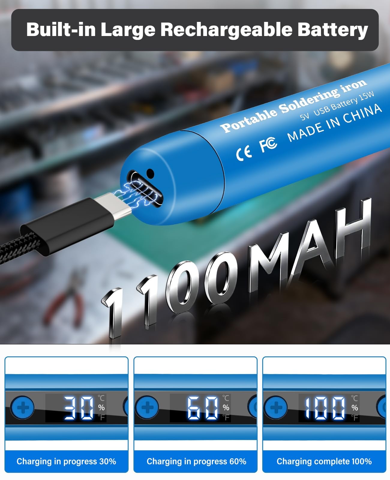 Cordless Soldering Iron Kit – 1100mAh USB Rechargeable Portable Blue