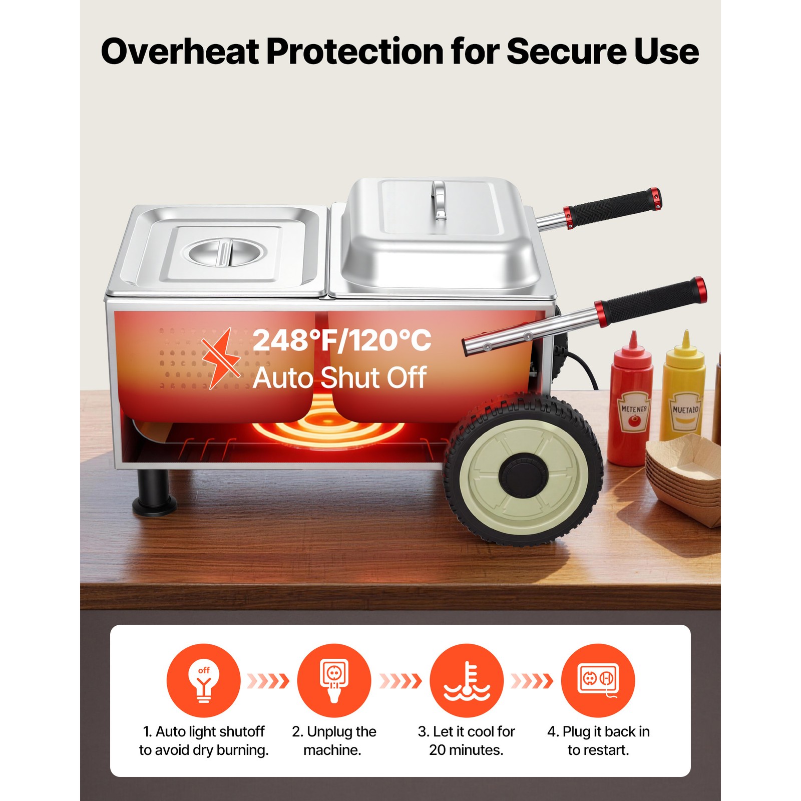 Uimoso Electric Hot Dog Steamer Cart 1200W with Adjustable Temperature 86-203°F