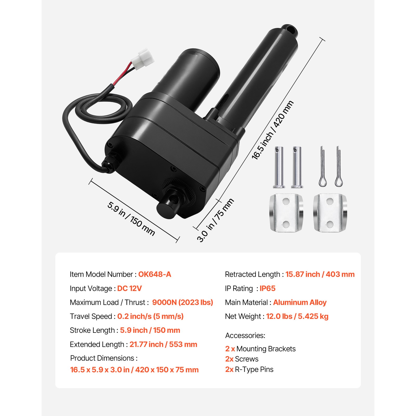 Uimoso 12V Linear Actuator 6-Inch Stroke Heavy-Duty 2023lbs/9000N IP65 Rated