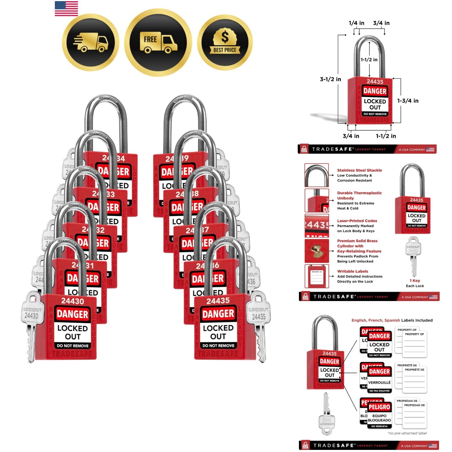 Lockout Tagout Locks Set – 10 Red Loto Locks, Lockout Locks Keyed Different, …