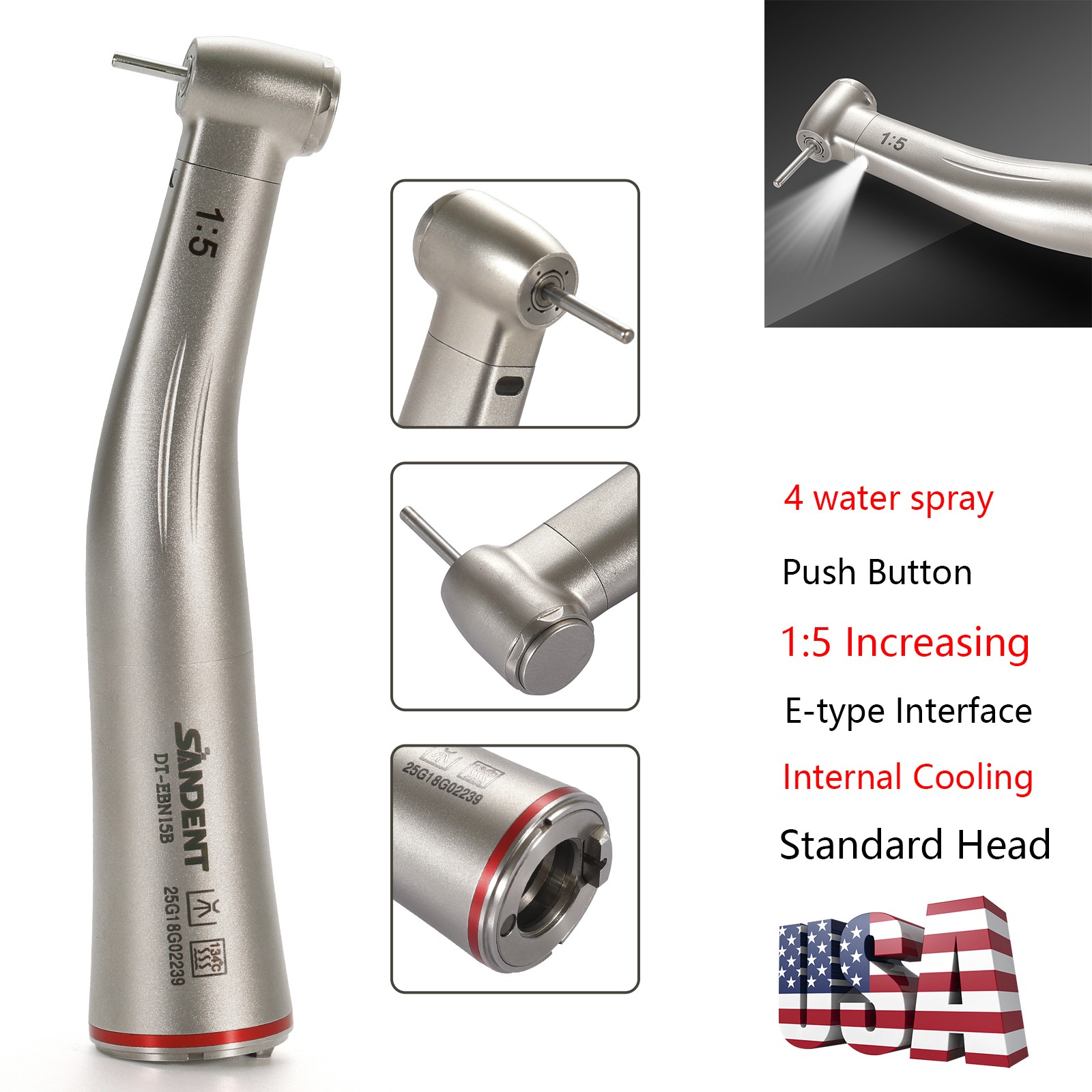 Dental 1:5 Contra Angle Fiber Optic LED Low Speed Handpiece Standard Head