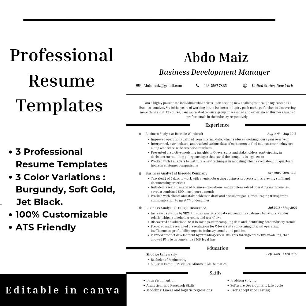 Professional 3 Resume CV Templates | Canva Editable | 3 Colors | ATS friendly