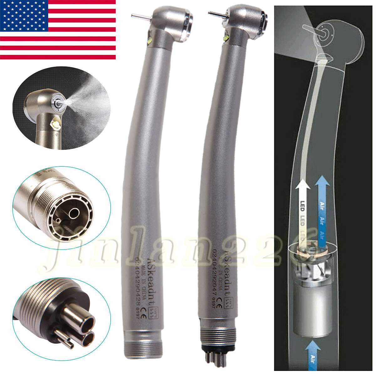 Askeadnt Dental E-generator LED High Speed Handpiece Push Button 2、4 Holes