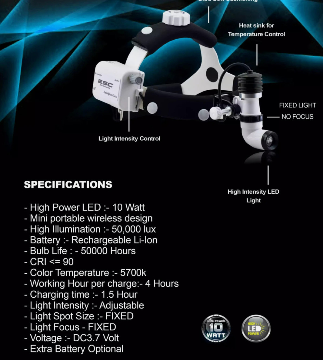 Wireless Dental Surgical Headlight ENT Medical Head light LED 10 Watt USA