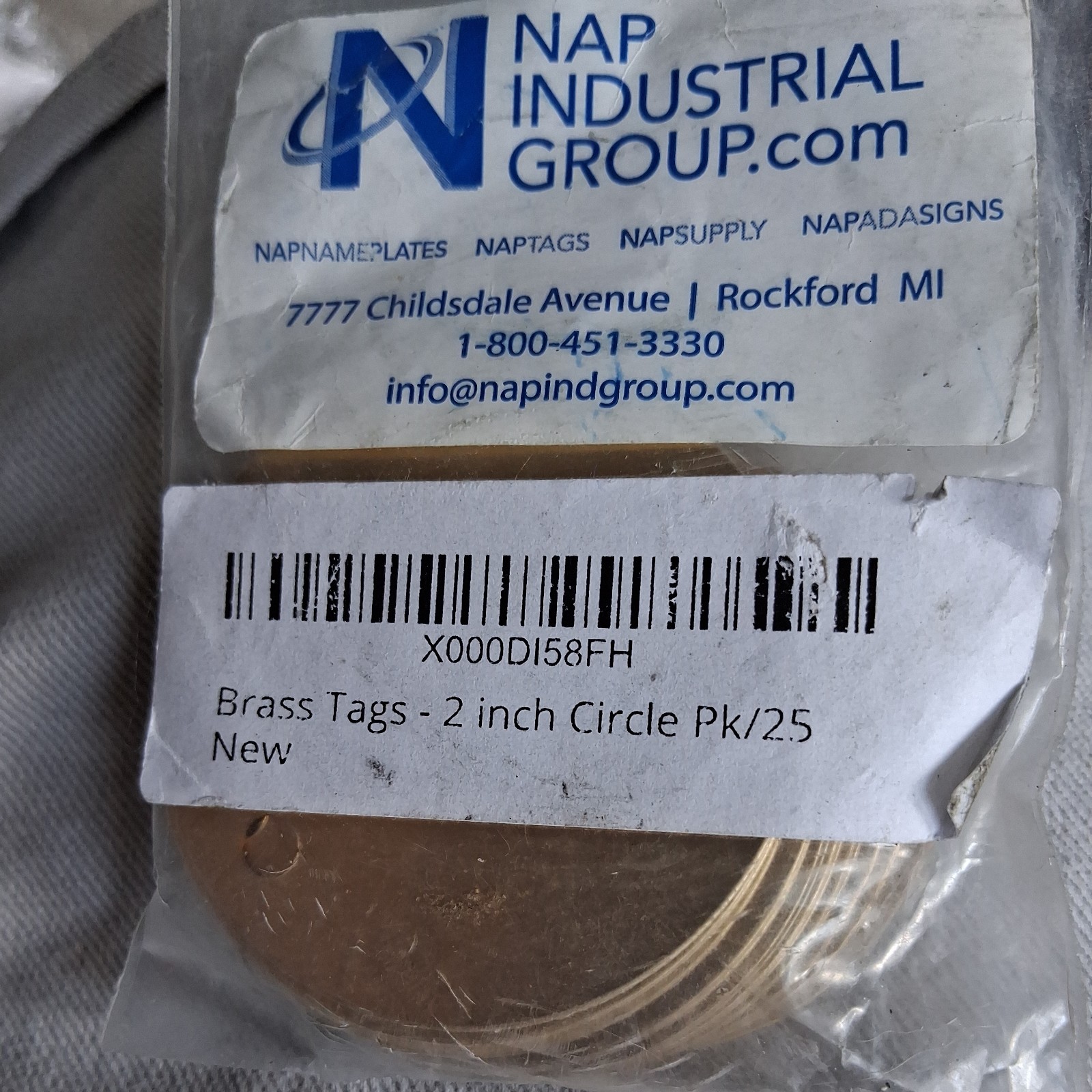 Brass Tags – 2 inch Circle Pk/25 NAP brand hole drilled new. no